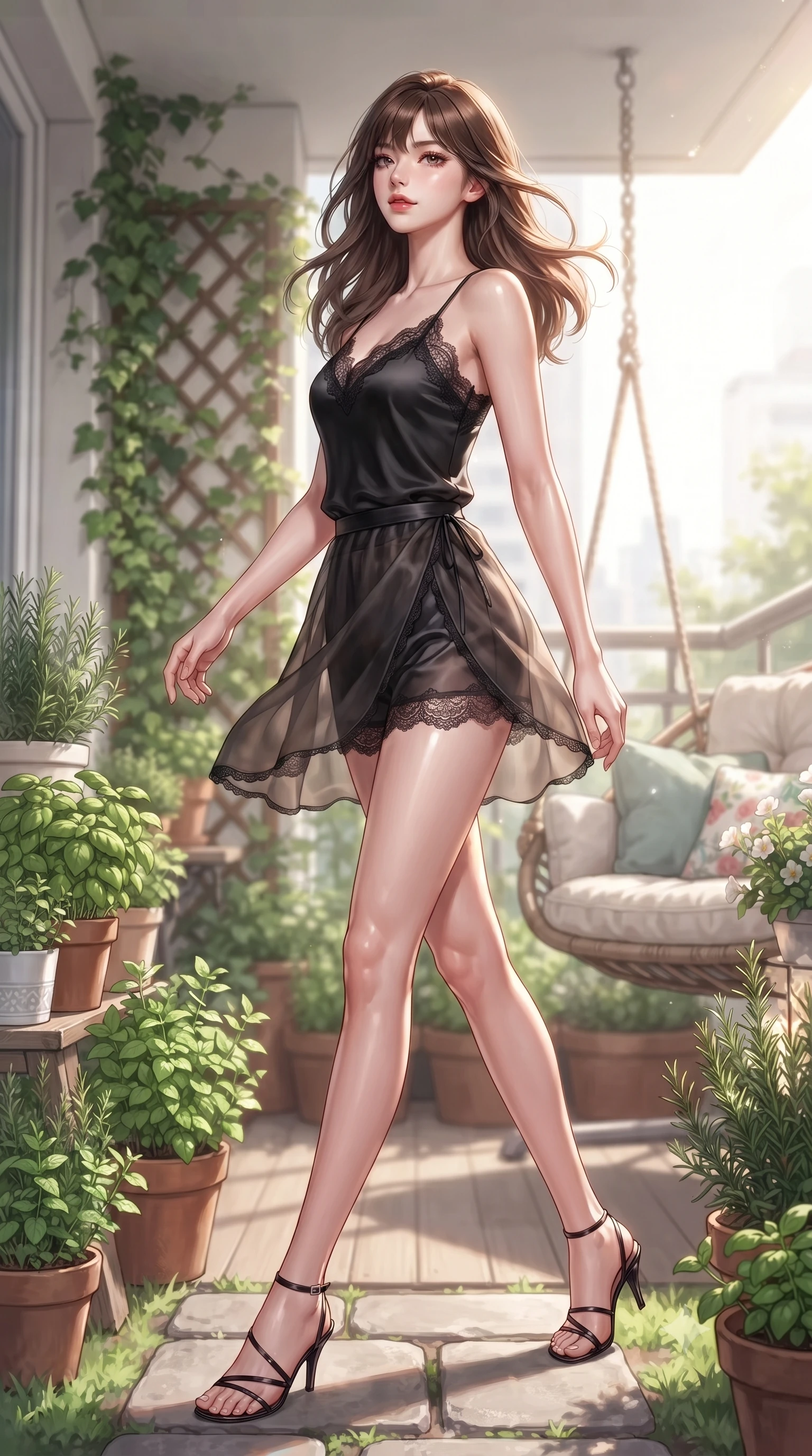 score_9, masterpiece, best quality, ultra-detailed, high-budget anime keyframe, editorial fashion photography, tasteful artistic composition, Korean woman woman. low angle full-body shot from head to toe showing her feet, filling the entire 9:16 vertical frame with her statuesque presence, stretching her vertical silhouette. stepping gracefully while looking back over her shoulder, her dress draped tightly to reveal her silhouette the background shows a soft-focus a residential balcony decorated with potted herbs, climbing ivy, and a flower swing chair. She has an absolutely perfect, statuesque 8.5-heads proportion, an exceptionally tall and slender model-like female figure with impossibly long slender legs and an ultra-slim waist. sharp v-shaped jawline, high-bridge nose, intricate jewel-like eyes with depth, thick eyelashes, glossy lips with a natural sheen. wearing a slim-fit delicate lace-trim camisole in black silk, paired with a sheer organza wrap skirt and shorts. bright morning sun rays creating a fresh and energetic mood. ultra-reflective glossy finish, specular highlights, metallic sheen, high-contrast stereoscopic depth, volumetric dynamic lighting, 2k, ultra detail, master piece, 9:16 ratio
