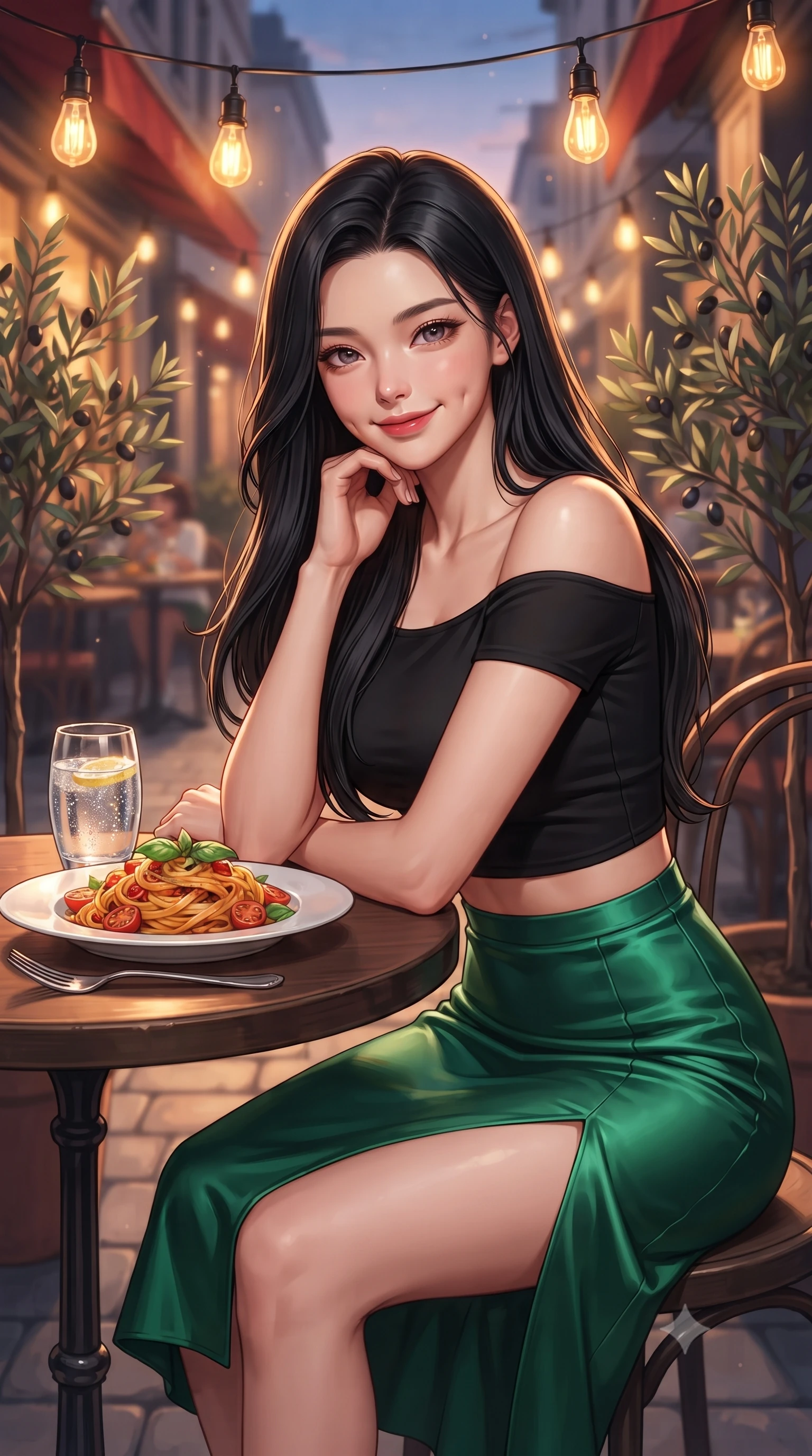 score_9, masterpiece, best quality, ultra-detailed, high-budget anime keyframe, editorial fashion photography, tasteful artistic composition, Korean woman. close-up cowboy shot from the waist and thighs up, the character dominates the composition, filling the frame with her large presence, background elements kept in soft focus. smiling with soft, captivating dimples, casting a warm yet magnetic gaze directly into the lens set against a soft-focus background of on a lively street-side bistro terrace next to potted olive trees with a plate of delicious pasta and a glass of sparkling water on the table. She has an exceptionally elegant, slender, and willowy female figure with an ultra-slim waist, a gracefully sculpted slender torso, and a refined silhouette. sharp v-shaped jawline, high-bridge nose, intricate jewel-like eyes with depth, thick eyelashes, glossy lips with a natural sheen. wearing slim-fit stylish off-shoulder crop top paired with a high-slit satin midi skirt. warm golden lighting from hanging lightbulbs creating a cozy dinner mood. highly saturated vibrant anime colors, detailed shading with soft gradients, rich glossy textures, high-contrast stereoscopic depth, volumetric dynamic lighting, master piece, 9:16 ratio
