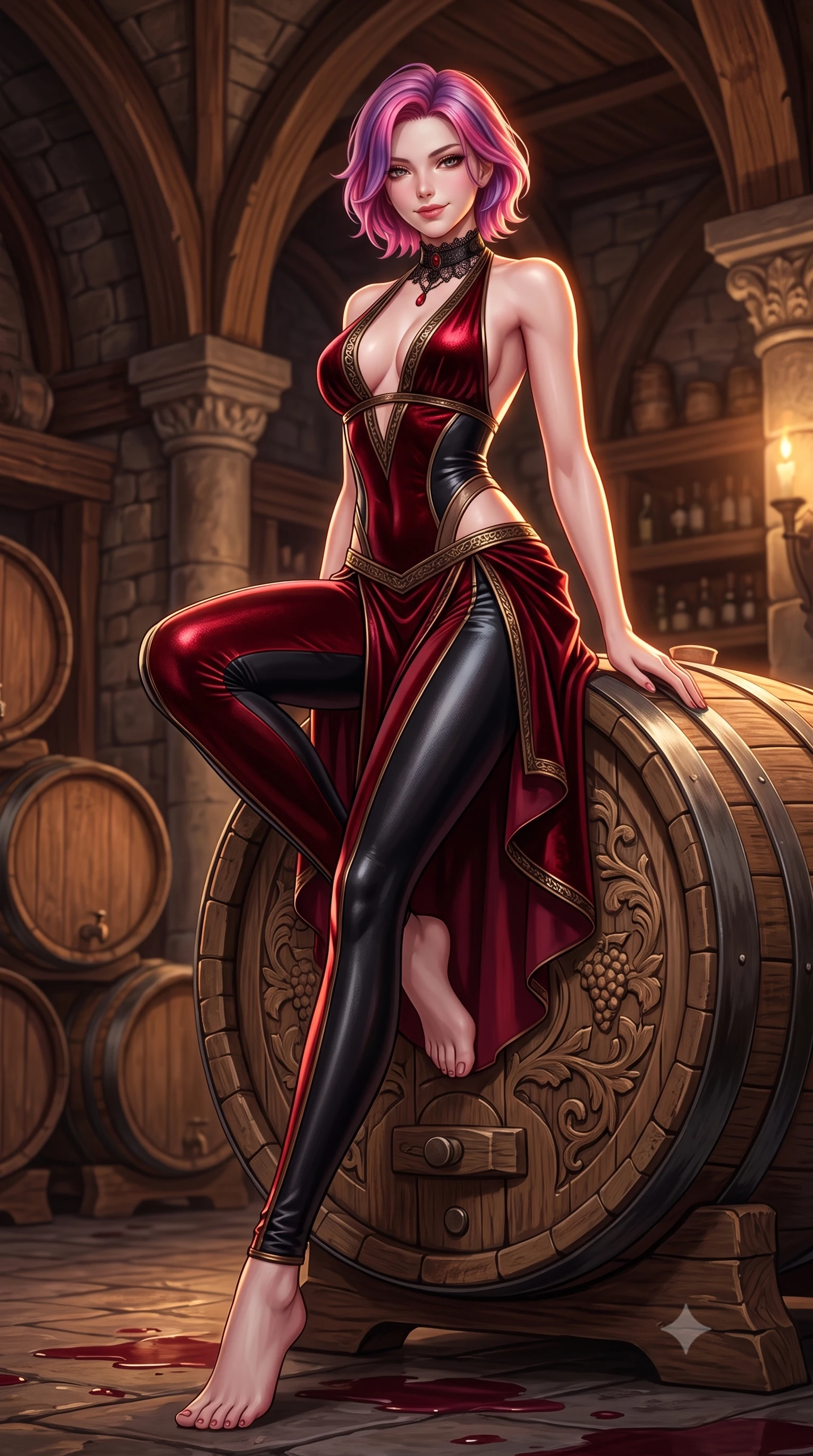 score_9, masterpiece, best quality, ultra-detailed, high-budget anime keyframe, semi-realistic 3D game render, editorial fashion photography, tasteful artistic composition, Caucasian woman. low angle full-body shot from head to toe showing her feet, filling the entire 9:16 vertical frame with her statuesque presence, stretching her vertical silhouette. stepping slowly toward the camera with hypnotic grace, hips swaying in an alluring sensual rhythm that accentuates her curvy hourglass silhouette and long slender legs while lounging against an ancient carved wine cask with legs crossed, arching her lower back with seductive vampire queen poise. The surrounding environment is rendered in vivid detail and crisp panoramic clarity: detailed velvet wrap skirt tailoring, dewy skin highlights, and medieval cellar architecture in razor-sharp precision. She has an absolutely perfect, statuesque 8.5-heads proportion, an exceptionally tall and slender model-like female figure with impossibly long slender legs, an ultra-slim waist, a flat toned midriff, narrow delicate ribcage, and beautifully sculpted feminine hips creating a graceful, slim hourglass silhouette without any bulky heaviness. sharp v-shaped jawline, high-bridge nose, sparkling eyes with hypnotic seductive depth, thick curled eyelashes, glossy parted lips with a natural dewy peach sheen, alluring bedroom-eyes with an enchanting coquettish smile, exuding magnetic siren charisma and sophisticated glamour, flawlessly proportioned anatomical accuracy, strict slender model proportions, natural body alignment, perfectly sculpted long slender limbs, ultra-slim waistline, clean dynamic posture without body distortion. wearing a liquid metallic lamé plunge halterneck jumpsuit clinging like a second skin with high-cut side hip cutouts in deep blood-red velvet and midnight obsidian black with antique bronze trims, woven from buttery-soft stretch lambskin leather adhering to her body like a second skin, accented with an ornate black lace Victorian choker featuring a single blood-red teardrop garnet, the high-slit wrap tailoring accentuating her ultra-slim waistline and the enchanting curve of her feminine hips with alluring seductive charm. illuminated by wine puddle specular bounce and sharp warm-amber rim lights sculpting her jawline, flat midriff, and voluptuous hip curves. highly saturated vibrant anime colors, detailed shading with soft gradients, rich glossy textures, high-contrast stereoscopic depth, volumetric dynamic lighting, master piece, 9:16 ratio