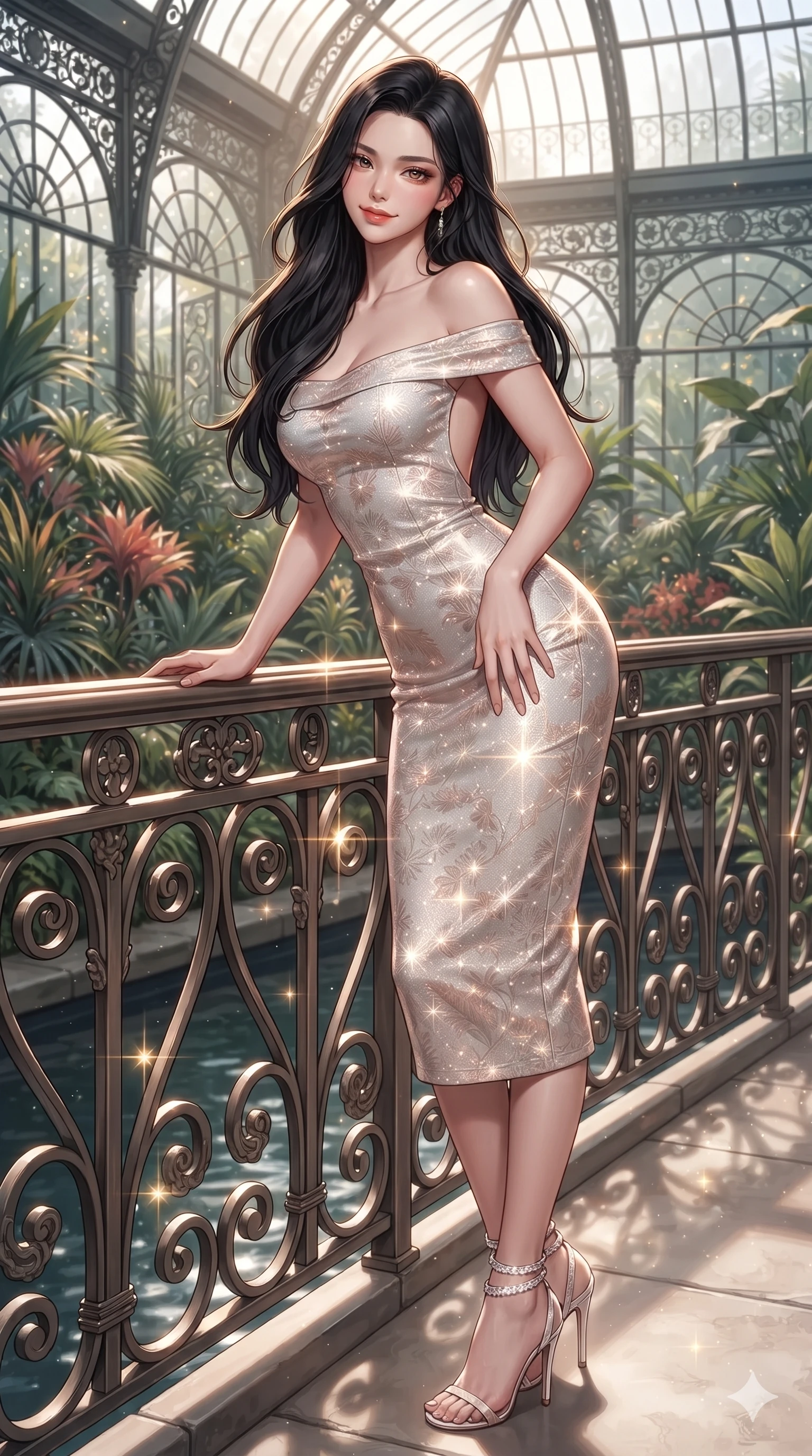 score_9, masterpiece, best quality, ultra-detailed, high-budget anime keyframe, editorial fashion photography, tasteful artistic composition, Korean woman. close-up cowboy shot from the waist and thighs up, the character dominates the composition, filling the frame with her large presence. tilting her head with a teasing half-smile, running one hand slowly down the side of her hip in a flirtatious S-curve as ambient light caresses her silhouette while leaning against the decorative iron bridge rail with hips cocked back, looking through thick curled eyelashes with an enchanting, dangerous smile. The surrounding environment is rendered in vivid detail and crisp panoramic clarity: detailed gold sequin wrap skirt cling, plunging halter sports top, and imperial greenhouse craft in razor-sharp precision. She has an exceptionally elegant, slender, and willowy female figure with an ultra-slim waist, flat toned midriff, narrow ribcage, and sculpted feminine hips creating an alluring, slim hourglass silhouette without bulk. sharp v-shaped jawline, high-bridge nose, sparkling eyes with hypnotic seductive depth, thick curled eyelashes, glossy parted lips with a natural dewy peach sheen, alluring bedroom-eyes with an enchanting coquettish smile, exuding magnetic siren charisma and sophisticated glamour, flawlessly proportioned anatomical accuracy, strict slender model proportions, natural body alignment, perfectly sculpted long slender limbs, ultra-slim waistline, clean dynamic posture without body distortion. wearing a form-contouring off-shoulder botanical bodycon midi dress with low-back scoop in celestial pearl white and rose-gold, woven from stretch metallic lurex jersey casting radiant starlight glints across her silhouette, complemented by strappy stiletto sandals with crystal ankle wraps accentuating her slender calves, the impeccably tailored cut draping gracefully along her slender figure with aristocratic botanical poise. illuminated by canal water surface bounce and sharp platinum-gold rim lights defining her razor-sharp jawline, narrow waist, and curvy hips. ultra-reflective glossy finish, specular highlights, rich textural contrasts, high-contrast stereoscopic depth, volumetric dynamic lighting, 2k, ultra detail, master piece, 9:16 ratio