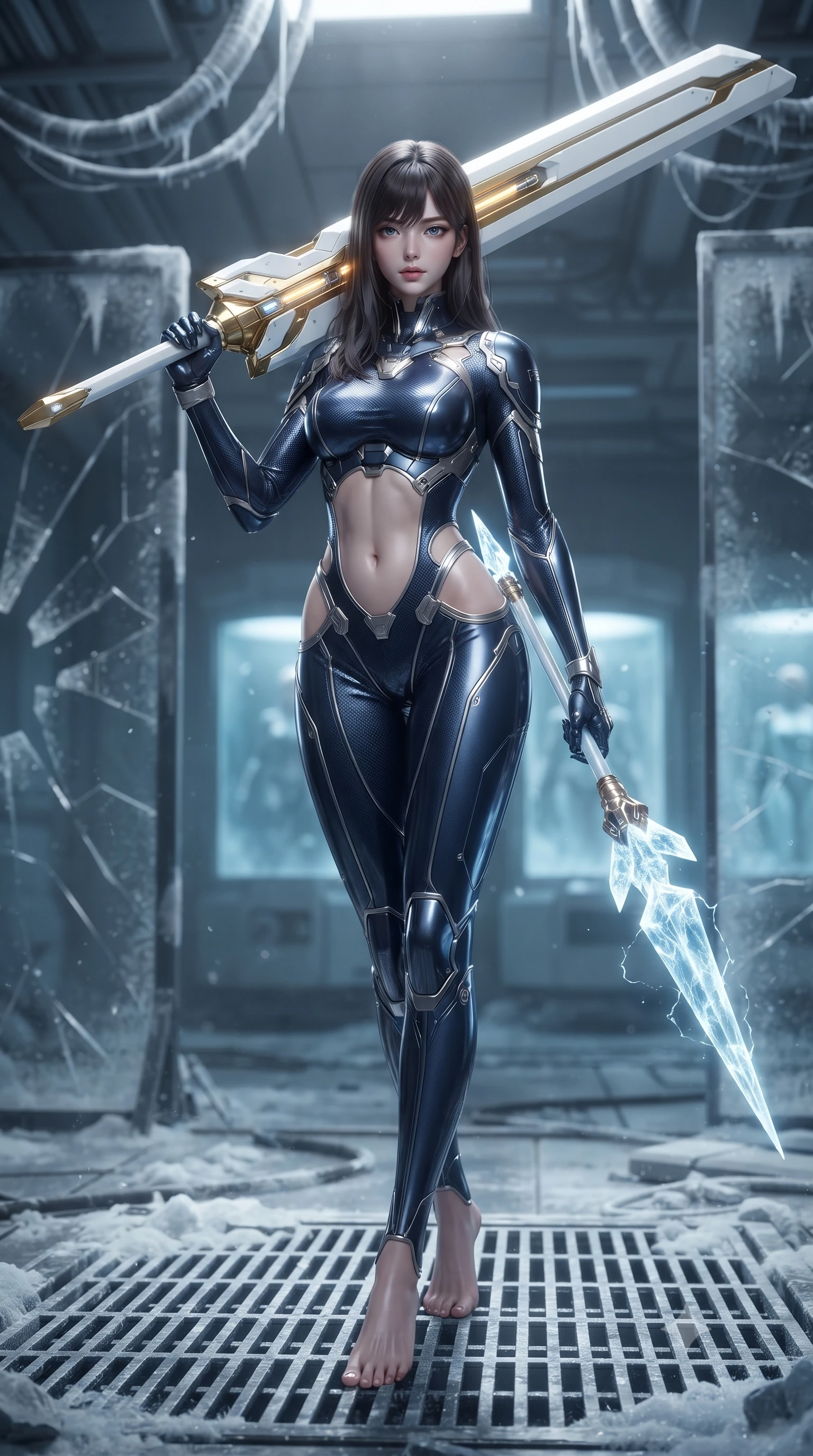 score_9, masterpiece, best quality, ultra-detailed, high-budget anime keyframe, editorial fashion photography, tasteful artistic composition, Korean woman. low angle full-body shot from head to toe showing her feet, filling the entire 9:16 vertical frame with her statuesque presence, stretching her vertical silhouette. pivoting dynamically in mid-motion with a breathtakingly alluring posture, displaying her flawless model proportions, toned flat midriff, and ultra-slim waist while standing poised in a frost-covered cryogenics laboratory holding a glowing crystalline cryo-spear crackling with sub-zero energy. The composition keeps background elements in soft focus with creamy bokeh. shattered security barriers and overhead frosted conduits softened in quiet atmospheric focus. She has an absolutely perfect, statuesque 8.5-heads proportion, an exceptionally tall and slender model-like female figure with impossibly long slender legs, a toned flat midriff, and an ultra-slim waist. sharp v-shaped jawline, high-bridge nose, intricate jewel-like eyes with depth, thick eyelashes, glossy lips with a natural sheen, flawlessly proportioned anatomical accuracy, strict slender model proportions, natural body alignment, perfectly sculpted long slender limbs, ultra-slim waistline, clean dynamic posture without body distortion. wearing a statuesque midnight cobalt carbon-fiber armor-suit with platinum trim and an ultra-slim waistline, resting a massive sleek high-frequency anti-material greatsword across her shoulder in arctic white carbon composite with radiant solar gold plating, crafted from ultra-strong woven carbon-fiber composite with a satin luster, accented with glowing fiber-optic conduits tracing her collarbones and hip curves, the precision-cut daring openings accentuating her delicate midriff, graceful bare collarbones, and ultra-slim feminine waistline. surrounded by a cool, lethal, and breathtakingly alluring frost-goddess special-operative aura. ultra-reflective glossy finish, specular highlights, dark metallic sheen, high-contrast stereoscopic depth, volumetric dynamic lighting, 2k, ultra detail, master piece, 9:16 ratio