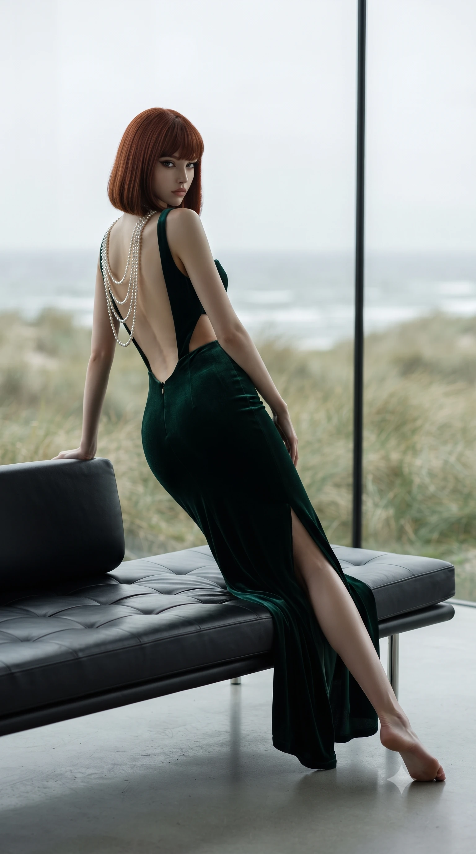 score_9, masterpiece, best quality, ultra-detailed, high-budget anime keyframe, editorial fashion photography, tasteful artistic composition, Caucasian woman. low angle full-body shot from head to toe showing her feet, filling the entire 9:16 vertical frame with her statuesque presence, stretching her vertical silhouette. posing with back turned slightly to the lens, glancing back with smoldering allure as she arches her lower back to emphasize her sculpted feminine hips and slender waist while reclining on a low-slung minimalist leather bench in the airy gallery, her curvaceous hips and willowy limbs creating an avant-garde geometric silhouette. The composition keeps background elements in soft focus with creamy bokeh. wild coastal marram grass dunes and grey Baltic sea waves blurred into pale sand, sage, and misty slate bokeh through floor-to-ceiling glass. She has an exceptionally tall and slender model-like 8.5-heads proportion, an ultra-slim waist, a flat toned midriff, narrow delicate ribcage, and beautifully sculpted feminine hips creating a graceful, slim hourglass silhouette without any bulky heaviness, with impossibly long slender legs. sharp v-shaped jawline, high-bridge nose, intricate jewel-like eyes with depth, thick eyelashes, glossy parted lips with a natural sheen, intensely captivating and seductive bedroom-eyes expression, flawlessly proportioned anatomical accuracy, strict slender model proportions, natural body alignment, perfectly sculpted long slender limbs, ultra-slim waistline, clean dynamic posture without body distortion. wearing a deep sweetheart neckline crushed velvet corseted ballgown with an exposed midriff cutout in deep emerald green satin and gold hardware, made of fluid silk crepe with delicate inner corsetry boning, accented with a multi-strand pearl back necklace cascading down her bare spine to her hips, the precision-cut side openings and low-back scoop framing her graceful spine and the sensual sweep of her slim, toned hips. bathed in pure, diffused Scandinavian overcast daylight filtering through monumental glass walls. ultra-reflective glossy finish, specular highlights, rich textural contrasts, high-contrast stereoscopic depth, volumetric dynamic lighting, 2k, ultra detail, master piece, 9:16 ratio