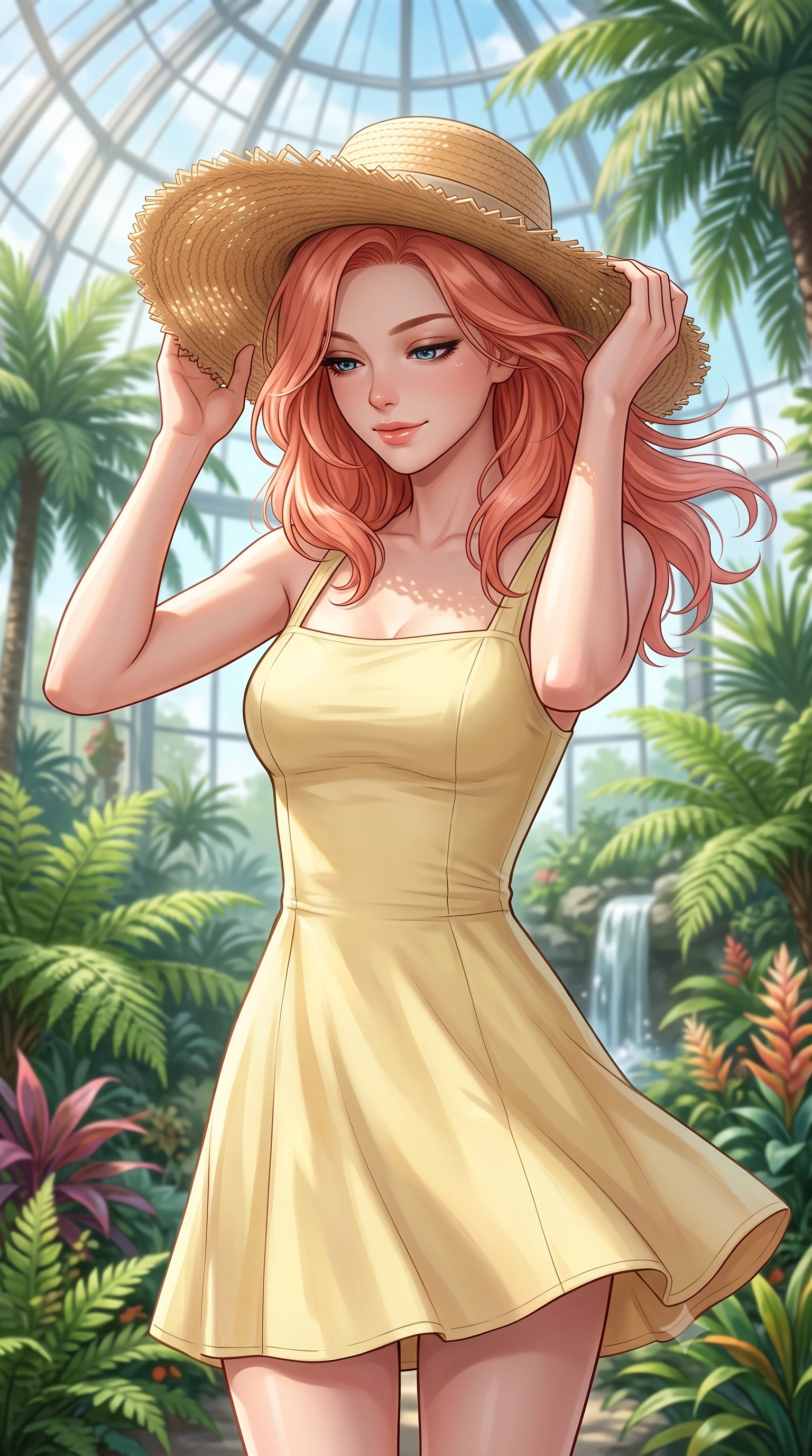 score_9, masterpiece, best quality, ultra-detailed, high-budget anime keyframe, editorial fashion photography, tasteful artistic composition, Japanese woman woman. close-up cowboy shot from the waist and thighs up, the character dominates the composition, filling the frame with her large presence, background elements kept in soft focus. holding a wide-brimmed straw hat with both hands against the breeze, looking down with a soft smile the background shows a soft-focus a grand glass conservatory filled with lush tropical ferns, palms, and a small waterfall. She has an exceptionally elegant, slender, and willowy female figure with an ultra-slim waist, a gracefully sculpted slender torso, and a refined silhouette. sharp v-shaped jawline, high-bridge nose, intricate jewel-like eyes with depth, thick eyelashes, glossy lips with a natural sheen. wearing a slim-fit casual summer sundress in pale yellow cotton with a simple square neckline. bright daylight filtered through the glass panels, creating soft highlights. 2k, ultra detail, master piece, 9:16 ratio