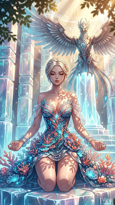 A peaceful spiritual scene in a temple of light. A woman in a coral-textured dress sits in meditation on a crystal platform. Behind her, a magnificent mechanical phoenix slowly spreads its translucent wings, emitting a soft golden pulse. Sunlight fil