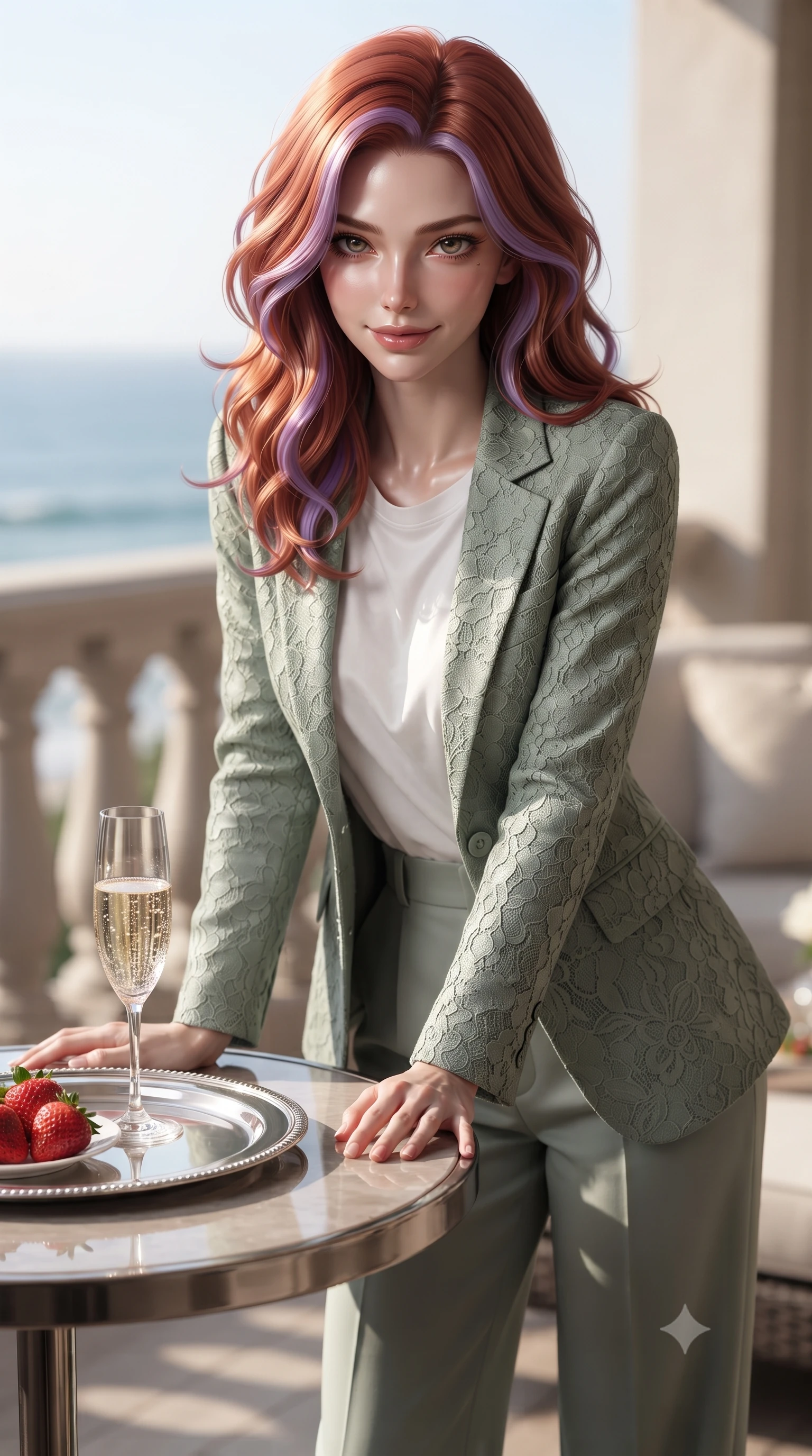 score_9, masterpiece, best quality, ultra-detailed, high-budget anime keyframe, editorial fashion photography, tasteful artistic composition, Caucasian woman. close-up cowboy shot from the waist and thighs up, the character dominates the composition, filling the frame with her large presence, background elements kept in soft focus. leaning slightly forward over the table with a playful, magnetic smile that locks direct eye contact set against a soft-focus background of inside an exclusive oceanfront balcony with a crystal glass of sparkling champagne and fresh strawberries on a silver tray. She has an exceptionally elegant, slender, and willowy female figure with an ultra-slim waist, a gracefully sculpted slender torso, and a refined silhouette. sharp v-shaped jawline, high-bridge nose, intricate jewel-like eyes with depth, thick eyelashes, glossy lips with a natural sheen. wearing form-contouring sage green delicate lace tailored casual blazer paired with a loose tee and wide-leg trousers featuring refined tailored seams. accented by a single dramatic key light highlighting her statuesque posture and slim waist. ultra-reflective glossy finish, specular highlights, metallic sheen, high-contrast stereoscopic depth, volumetric dynamic lighting, 2k, ultra detail, master piece, 9:16 ratio
