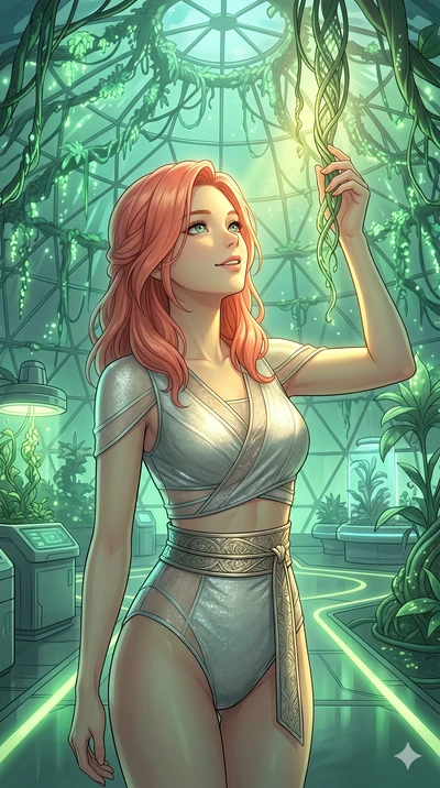 score_9, masterpiece, best quality, ultra-detailed, high-budget anime keyframe, Japanese woman. Upper body close-up from the thighs up, character filling the screen for maximum presence. Standing in a high-tech greenhouse under a dome of bioluminesce