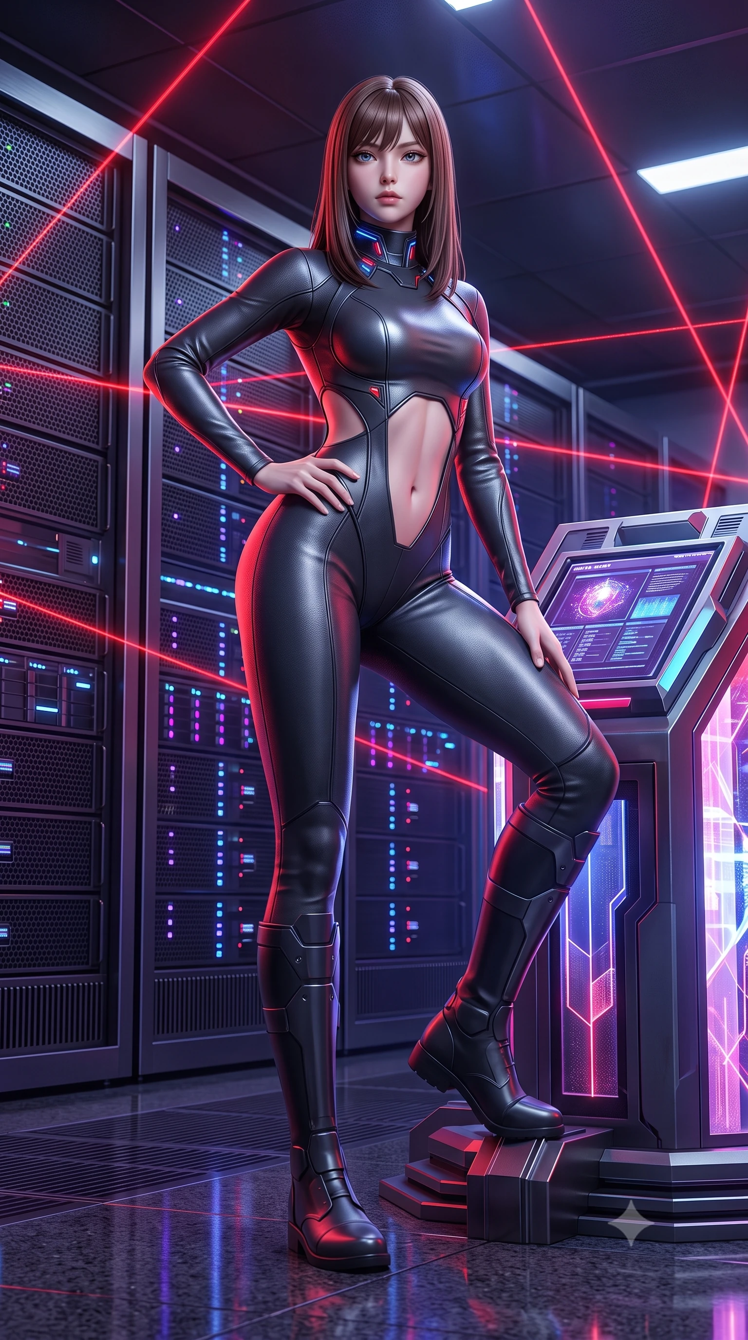 score_9, masterpiece, best quality, ultra-detailed, high-budget anime keyframe, semi-realistic 3D game render, editorial fashion photography, tasteful artistic composition, Korean woman. low angle full-body shot from head to toe showing her feet, filling the entire 9:16 vertical frame with her statuesque presence, stretching her vertical silhouette. standing poised with one hip cocked in an alluring high-fashion pose, her tall 8.5-heads proportions dominating the scene while sliding into a low tactical crouch beside a glowing data core, eyes scanning the perimeter with lethal intelligence. The surrounding environment is rendered in vivid detail and crisp panoramic clarity. sharp laser beam focus points, brushed dark titanium server rack grilles, and granite floor reflections in deep focus. She has an absolutely perfect, statuesque 8.5-heads proportion, an exceptionally tall and slender model-like female figure with impossibly long slender legs, a toned flat midriff, and an ultra-slim waist. sharp v-shaped jawline, high-bridge nose, intricate jewel-like eyes with depth, thick eyelashes, glossy lips with a natural sheen, captivating and magnetic expression, flawlessly proportioned anatomical accuracy, strict slender model proportions, natural body alignment, perfectly sculpted long slender limbs, ultra-slim waistline, clean dynamic posture without body distortion. wearing a stealth ballistic leather bodysuit with diagonal midriff cutouts and knee-high combat boots in deep charcoal and specular titanium finish, crafted from matte cybernetic vinyl with concealed magnetic locks, featuring a high aerodynamic collar framed by subtle glowing cybernetic LEDs, the sleek tailored cut tightly hugging her graceful clavicle, narrow waist, and feminine curves with statuesque precision. bathed in dramatic intersecting red laser beam illumination and cool blue server indicator glow. highly saturated vibrant anime colors, detailed shading with soft gradients, rich glossy textures, high-contrast stereoscopic depth, volumetric dynamic lighting, master piece, 9:16 ratio