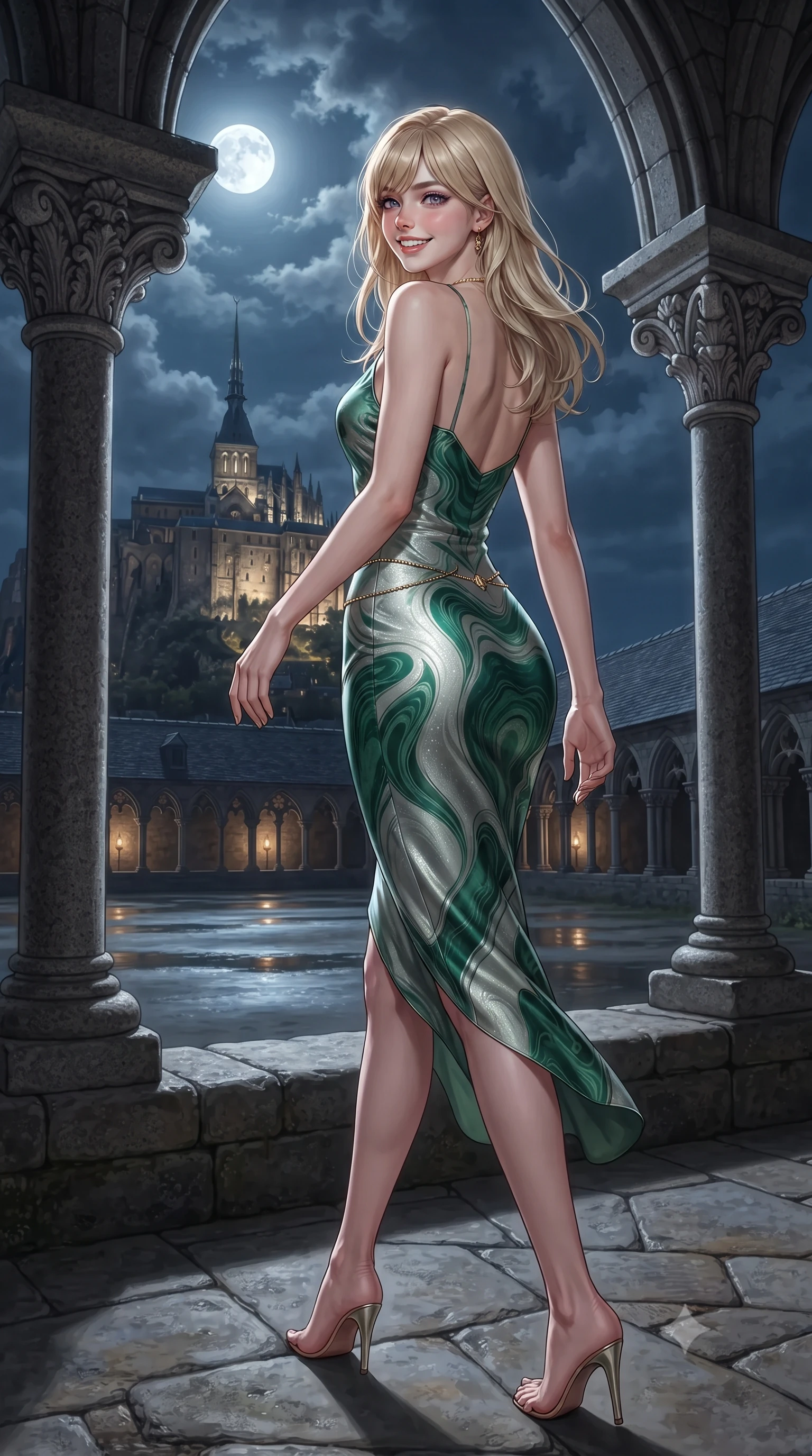 score_9, masterpiece, best quality, ultra-detailed, high-budget anime keyframe, editorial fashion photography, tasteful artistic composition, Japanese woman. low angle full-body shot from head to toe showing her feet, filling the entire 9:16 vertical frame with her statuesque presence, stretching her vertical silhouette. walking along the terrace with poise, looking back over her bare shoulder with an irresistible smoldering bedroom-gaze while standing centered in the secluded open-air medieval cloister garden suspended 80 meters above the bay, arching her lower back with sovereign diva charisma as the abbey spire pierces the moonlit clouds. The surrounding environment is rendered in vivid detail and crisp panoramic clarity: sharp hand-carved Norman granite column capitals, delicate stone spandrel rosettes, and ancient stone paver joints in deep focus. She has an exceptionally tall and slender model-like 8.5-heads proportion, an ultra-slim waist, a flat toned midriff, narrow delicate ribcage, and beautifully sculpted feminine hips creating a graceful, slim hourglass silhouette without any bulky heaviness, with impossibly long slender legs. sharp v-shaped jawline, high-bridge nose, intricate jewel-like sparkling eyes with depth, thick eyelashes, glossy parted lips with a natural peach sheen, bright cheerful beaming smile with an enchanting and coquettish sensual glint, exuding both youthful cute charm and seductive allure, flawlessly proportioned anatomical accuracy, strict slender model proportions, natural body alignment, perfectly sculpted long slender limbs, ultra-slim waistline, clean dynamic posture without body distortion. wearing a sculpted liquid satin bias-cut slip dress tailored with contouring seams that adhere flawlessly over her feminine hips in Art Nouveau malachite green and antique starlight silver, crafted from bespoke double-faced cashmere with an exceptionally soft tactile finish, accented with a dainty gold belly chain resting across her flat midriff and curving hips, the glove-like clinging cut tightly following the natural contour of her hips and long slender legs with youthful 8.5-heads elegance. bathed in the mystical silver 5200K illumination of the full moon reflected across tidal sands mixed with soft amber cloister lanterns. ultra-reflective glossy finish, specular highlights, rich textural contrasts, high-contrast stereoscopic depth, volumetric dynamic lighting, 2k, ultra detail, master piece, 9:16 ratio