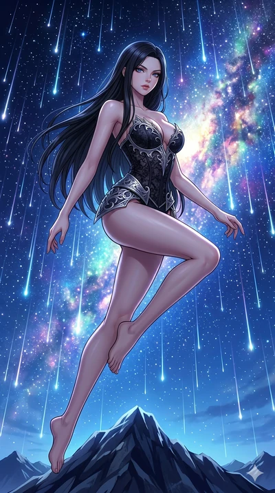 score_9, masterpiece, best quality, ultra-detailed, Set C: High-budget Anime Keyframe, Korean woman. Low angle cowboy shot filling the entire 9:16 frame with her statuesque presence. Leaping through a curtain of falling stars on a mountain peak at ni