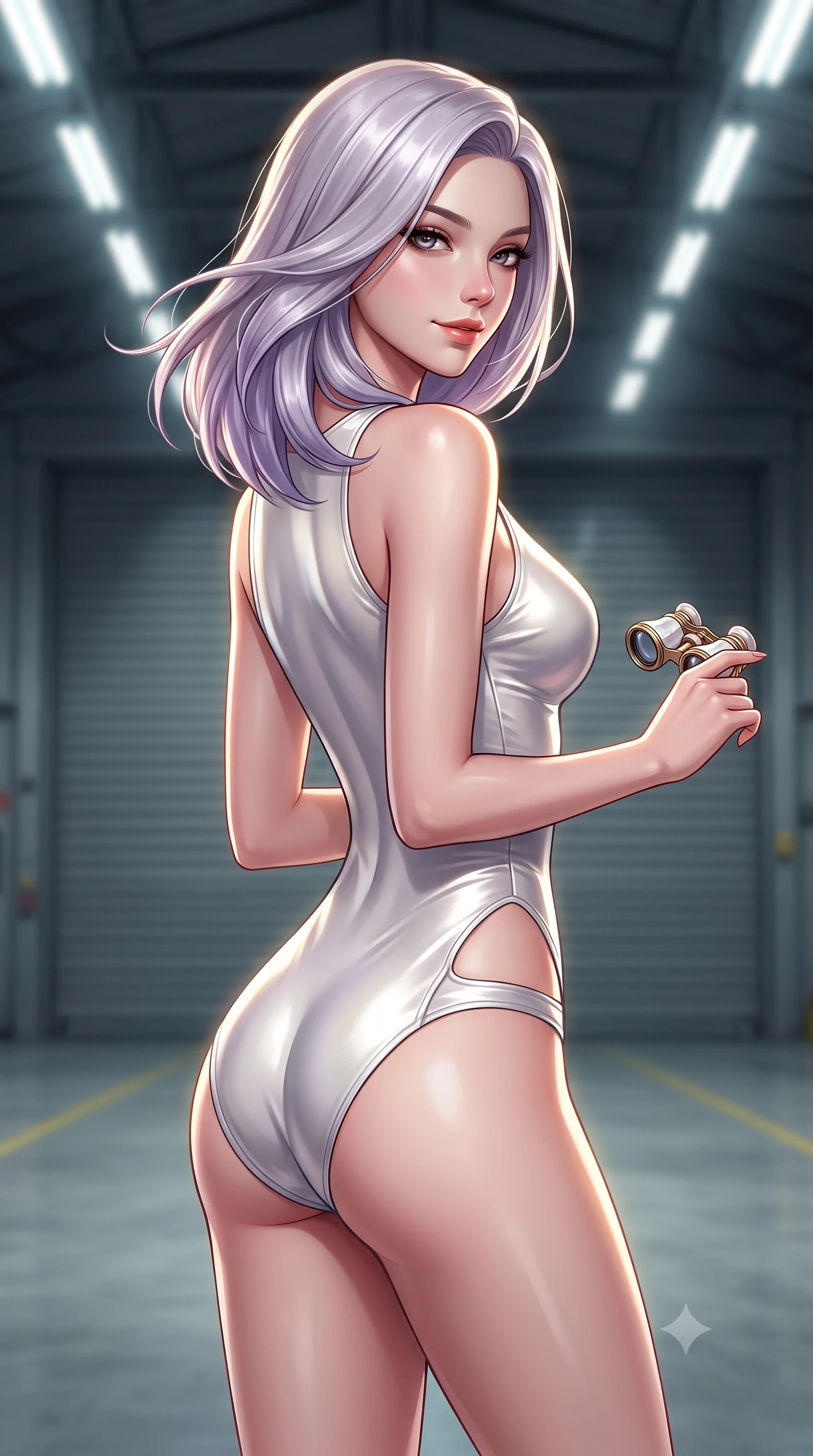 score_9, masterpiece, best quality, ultra-detailed, high-budget anime keyframe, semi-realistic 3D game render, editorial fashion photography, tasteful artistic composition, Caucasian woman. close-up cowboy shot from the waist and thighs up, the character dominates the composition, filling the frame with her large presence. turning slowly with an enchanting smoldering smile, her glossy hair tossing in the breeze as her hips angle gracefully in a captivating contrapposto while twisting her slender torso in an alluring S-curve, high-bay mercury vapor lamps tracing her narrow waist, flat midriff, and curvy hips. The background shows a soft-focus massive corrugated hangar doors softened in top-secret facility shallow focus. She has an exceptionally elegant, slender, and willowy female figure with an ultra-slim waist, flat toned midriff, narrow ribcage, and sculpted feminine hips creating an alluring, slim hourglass silhouette without bulk. sharp v-shaped jawline, high-bridge nose, sparkling eyes with hypnotic seductive depth, thick curled eyelashes, glossy parted lips with a natural dewy peach sheen, alluring bedroom-eyes with an enchanting coquettish smile, exuding magnetic siren charisma and sophisticated glamour, flawlessly proportioned anatomical accuracy, strict slender model proportions, natural body alignment, perfectly sculpted long slender limbs, ultra-slim waistline, clean dynamic posture without body distortion. wearing a liquid metallic lamé ballet leotard clinging like a second skin with high-cut side hip cutouts in pure pearl alabaster with liquid platinum sheen, crafted from second-skin technical compression fabric with moisture-wicking stretch, accented with an antique mother-of-pearl opera glass held casually in one hand, the high-slit wrap tailoring accentuating her ultra-slim waistline and the enchanting curve of her feminine hips with alluring seductive charm. illuminated by composite wing surface bounce and sharp white-gold rim lights defining her collarbones, narrow waist, and curvy hips. highly saturated vibrant anime colors, detailed shading with soft gradients, rich glossy textures, high-contrast stereoscopic depth, volumetric dynamic lighting, master piece, 9:16 ratio