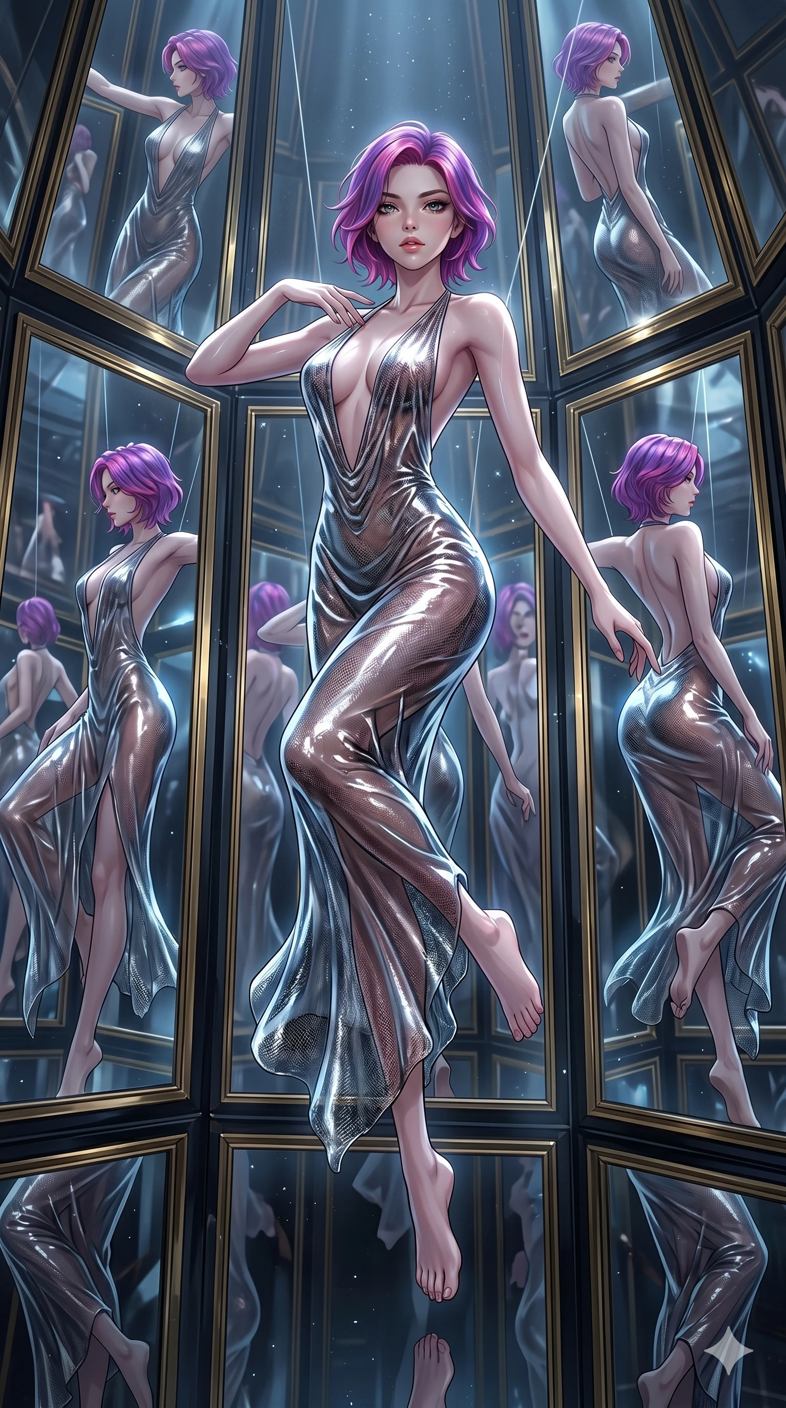 score_9, masterpiece, best quality, ultra-detailed, High-budget Anime Keyframe, East Asian woman. Dynamic full-body shot stretching the vertical silhouette to the limit. Scenario 256: Suspended by invisible silk threads in a hall of mirrors. Her presence is magnetic and overpowering in this high-budget anime scene. Outfit 256: A molten liquid silk mesh with a plunging V-neckline and wet-look texture. The clothing is designed to emphasize her exceptionally tall and slender 8-heads proportion. 8-heads proportion, towering silhouette, ultra-slim waist. sharp v-shaped jawline, intricate jewel-like eyes with depth, thick eyelashes, glossy lips. 2k, ultra detail, master piece, 9:16 ratio