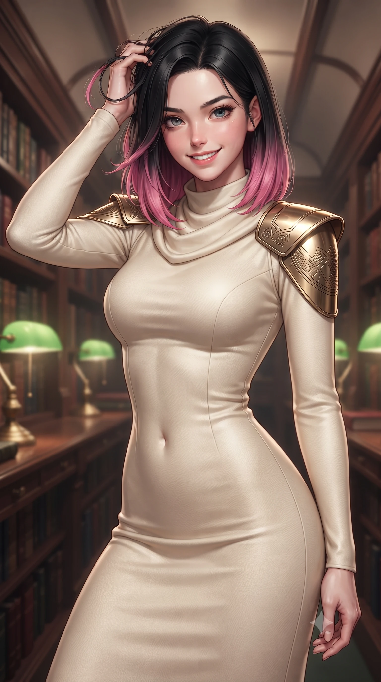 score_9, masterpiece, best quality, ultra-detailed, high-budget anime keyframe, editorial fashion photography, tasteful artistic composition, Korean woman. close-up cowboy shot from the waist and thighs up, the character dominates the composition, filling the frame with her large presence, background elements kept in soft focus. smiling with quiet, magnetic self-assurance directly into the camera, running a hand through her hair the background shows a soft-focus the library car of an exclusive rail liner with wood-lined shelves and green lamps. She has an exceptionally elegant, slender, and willowy female figure with an ultra-slim waist, a gracefully sculpted slender torso, and a refined silhouette. sharp v-shaped jawline, high-bridge nose, intricate jewel-like eyes with depth, thick eyelashes, glossy lips with a natural sheen. wearing a body-hugging elegant galactic senate gown in cream cashmere, featuring structured metallic gold shoulder guards and a high-neck drape. soft warm glow from the reading lamps creating a quiet and meditative mood. ultra-reflective glossy finish, specular highlights, metallic sheen, high-contrast stereoscopic depth, volumetric dynamic lighting, 2k, ultra detail, master piece, 9:16 ratio