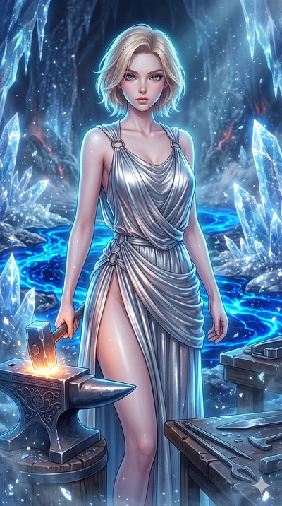 score_9, masterpiece, best quality, ultra-detailed, high-budget anime keyframe, Japanese woman. upper body close-up from the thighs up, character filling the screen for maximum presence. forging in a prismatic ice-volcano temple where glowing cobalt-