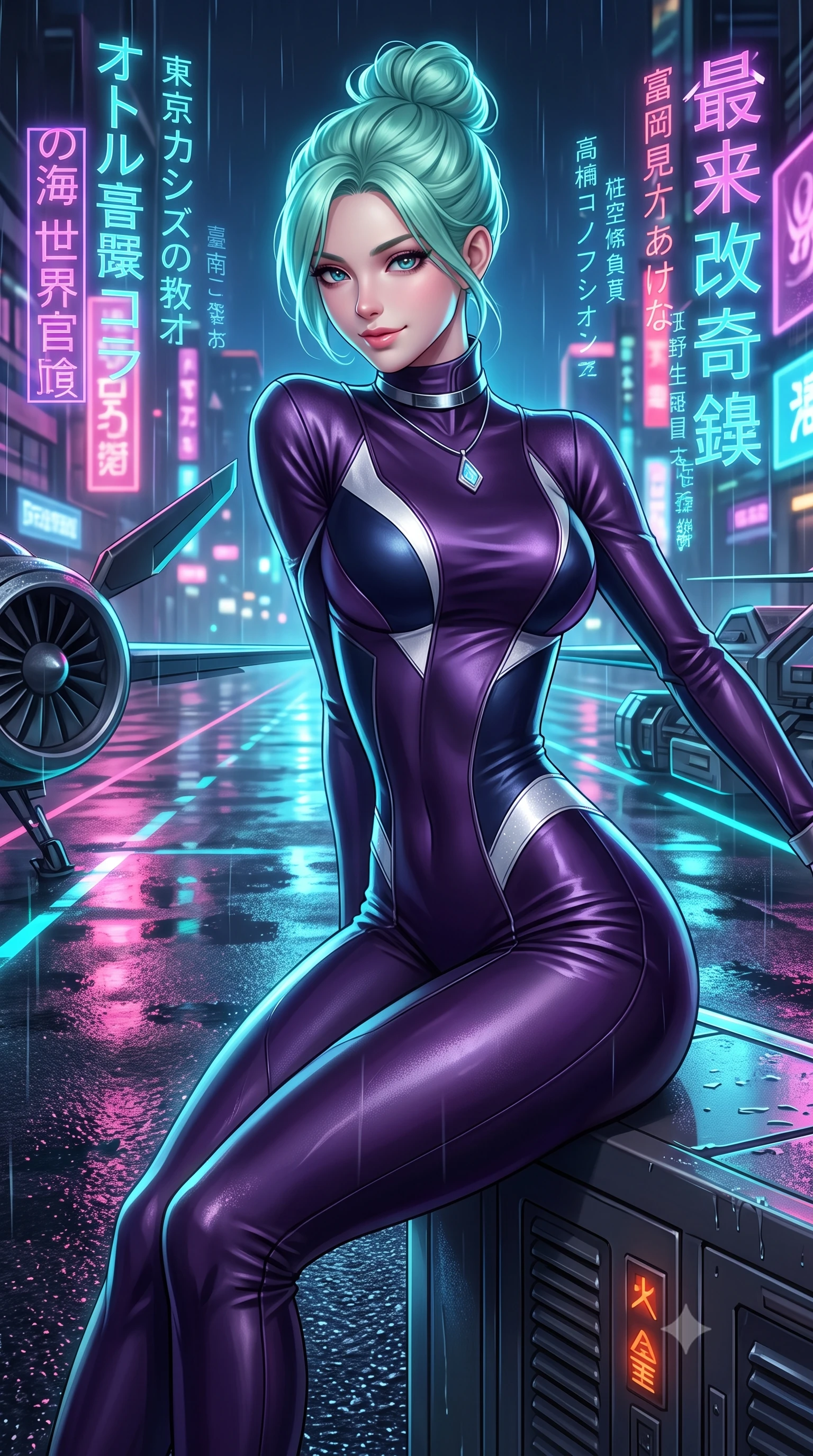 score_9, masterpiece, best quality, ultra-detailed, high-budget anime keyframe, semi-realistic 3D game render, editorial fashion photography, tasteful artistic composition, Japanese woman. close-up cowboy shot from the waist and thighs up, the character dominates the composition, filling the frame with her large presence. leaning forward while arching her lower back to accentuate her curvy hips, looking into the camera with an intoxicating smoldering gaze and bedroom-eyes while lounging gracefully on the heated steel equipment locker with legs extended, displaying her long slender legs and statuesque hourglass silhouette amid rain-slicked neon. The surrounding environment is rendered in vivid detail and crisp panoramic clarity: sharp wet carbon floor reflections, intricate holographic Japanese and Chinese calligraphy, and razor-sharp VTOL turbine blade textures in deep focus. She has an exceptionally elegant, slender, and willowy female figure with an ultra-slim waist, flat toned midriff, narrow ribcage, and sculpted feminine hips creating an alluring, slim hourglass silhouette without bulk. sharp v-shaped jawline, high-bridge nose, intricate jewel-like sparkling eyes with depth, thick eyelashes, glossy parted lips with a natural peach sheen, bright cheerful beaming smile with an enchanting and coquettish sensual glint, exuding both youthful cute charm and seductive allure, flawlessly proportioned anatomical accuracy, strict slender model proportions, natural body alignment, perfectly sculpted long slender limbs, ultra-slim waistline, clean dynamic posture without body distortion. wearing a form-fitting orbital flight command jumpsuit in dark purple liquid satin with a high collar, contouring tightly to her narrow waist and feminine hips in pristine orbital navy white and silver starlight, woven from buttery-soft stretch lambskin leather adhering to her body like a second skin, finished with a minimalist chrome choker and a single teardrop diamond pendant, the bespoke structured tailoring following the natural line of her 8.5-heads silhouette with refined elegance. illuminated by wet pavement reflection bounce and sharp laser-cyan rim lights defining her jawline, narrow waist, and curvy hips. highly saturated vibrant anime colors, detailed shading with soft gradients, rich glossy textures, high-contrast stereoscopic depth, volumetric dynamic lighting, master piece, 9:16 ratio