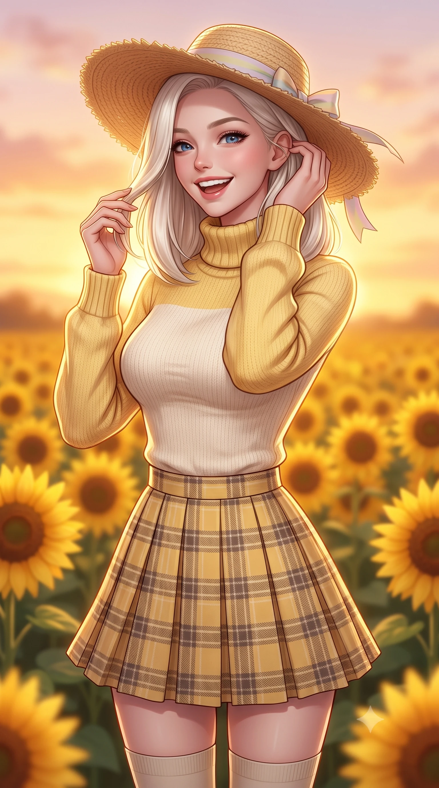 score_9, masterpiece, best quality, ultra-detailed, high-budget anime keyframe, semi-realistic 3D game render, editorial fashion photography, tasteful artistic composition, Caucasian woman. close-up cowboy shot from the waist and thighs up, the character dominates the composition, filling the frame with her large presence. tilting her head with a cute, youthful grin while brushing a stray strand of hair behind her ear with slender fingers while turning back with a playful, joyful laugh as the setting sun creates a golden halo around her lovely silhouette. The composition keeps background elements in soft focus with creamy bokeh. endless yellow sunflower faces and pastel sunset clouds blurred into rich amber, honey-gold, and peach bokeh. She has an exceptionally elegant, slender, and willowy female figure with an ultra-slim waist, a gracefully sculpted slender torso, toned flat midriff, and a refined slim silhouette. sharp v-shaped jawline, high-bridge nose, intricate jewel-like eyes with depth, thick eyelashes, glossy lips with a natural sheen, pure and lovely fresh girlhood expression, flawlessly proportioned anatomical accuracy, strict slender model proportions, natural body alignment, perfectly sculpted long slender limbs, ultra-slim waistline, clean dynamic posture without body distortion. wearing a cozy oversized turtleneck knit jumper paired with a pleated plaid wool skirt and knee-high socks in fresh buttercup yellow and clean cream white, crafted from soft breathable linen that flutters gently in the breeze, paired with a wide-brim woven straw hat tied with a pastel ribbon, the body-hugging lightweight knit clinging delicately to her slender torso, accentuating her graceful neck and feminine lines. surrounded by a heartwarming, radiant, and delightfully sunny countryside princess aura. highly saturated vibrant anime colors, detailed shading with soft gradients, rich glossy textures, high-contrast stereoscopic depth, volumetric dynamic lighting, master piece, 9:16 ratio