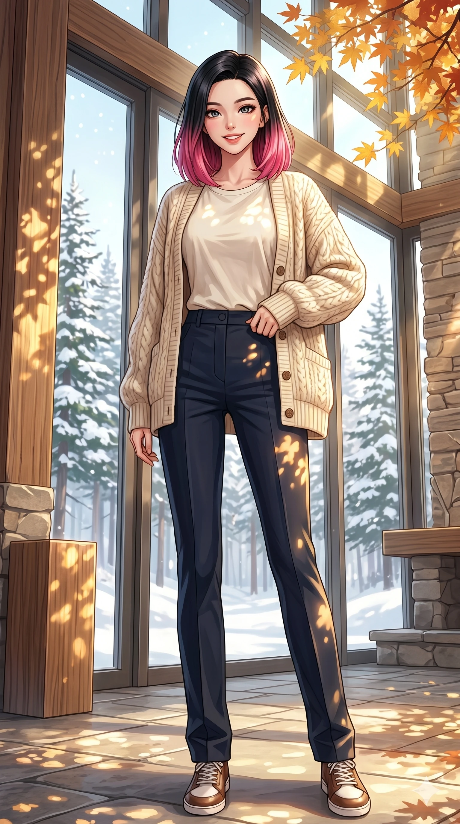 score_9, masterpiece, best quality, ultra-detailed, high-budget anime keyframe, vibrant anime aesthetic, Korean woman. low angle full-body shot from head to toe showing her feet, filling the entire 9:16 vertical frame with her statuesque presence, stretching her vertical silhouette. She is standing with a confident posture, her face lit up by a warm and lively smile inside a bright resort lobby with large floor-to-ceiling windows showing a snowy pine forest (Code-P21-005). She has an absolutely perfect 8-heads proportion, an exceptionally tall and slender female figure with impossibly long slender legs and an ultra-slim waist. V-shaped jawline, high-bridge nose, intricate jewel-like eyes with depth, thick eyelashes, glossy lips with a natural sheen. wearing a cozy thick-knit cardigan over a cotton tee and straight-leg trousers. She is bathed in dappled sunlight filtering through autumn maples, creating organic shadows. 2k, ultra detail, master piece, 9:16 ratio