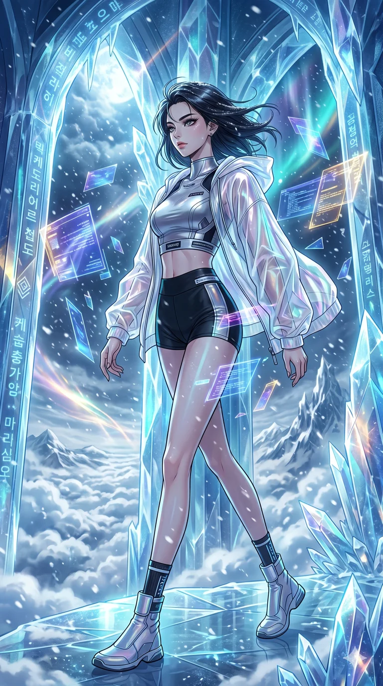 score_9, masterpiece, best quality, ultra-detailed, high-budget anime movie keyframe, cinematic anime lighting, intricate line art, Korean anime girl. Medium shot of upper body capturing the intricate details of her high-fashion attire. walking through a blizzard in a crystal palace above the clouds surrounded by floating data-shards. She has an absolutely perfect 8-heads proportion, an exceptionally tall and slender female figure with an ultra-slim waist and impossibly long slender legs. sharp v-shaped jawline, high-bridge nose, intricate jewel-like eyes, thick eyelashes, glossy lips. Wearing premium athleisure set with a metallic-finish compression top, high-cut yoga shorts that accentuate her long legs, and a sheer oversized hoodie. The scene is illuminated by dramatic atmospheric lighting and vibrant color palettes. 2k, ultra detail, master piece, 9:16 ratio