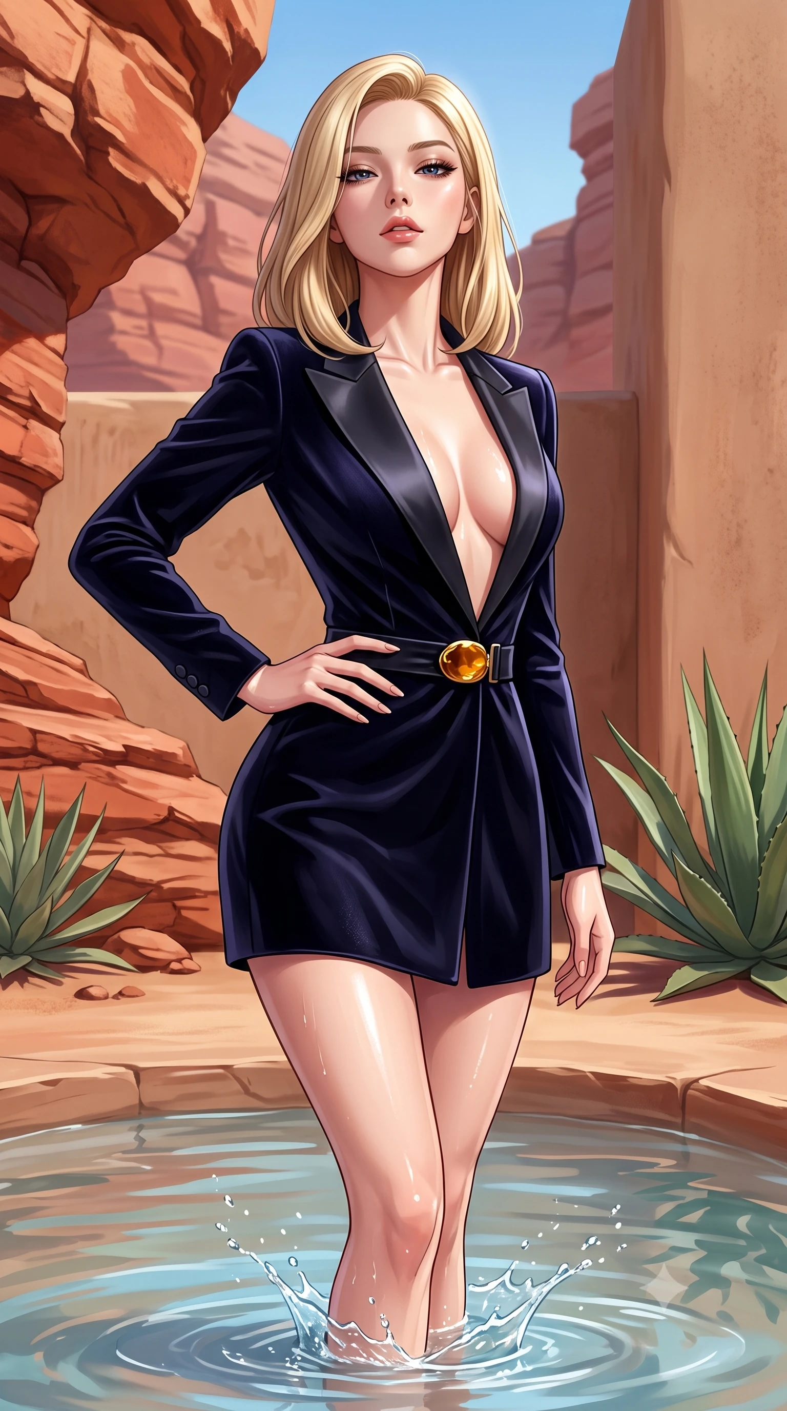 score_9, masterpiece, best quality, ultra-detailed, high-budget anime keyframe, semi-realistic 3D game render, editorial fashion photography, tasteful artistic composition, Korean woman. close-up cowboy shot from the waist and thighs up, the character dominates the composition, filling the frame with her large presence. tilting her chin up with proud, sovereign allure while gazing through thick eyelashes, one hand resting on her waist in pure supermodel charisma while wading lightly into the shallow thermal mineral pool, water splashing around her slender ankles as she turns in an alluring dancer S-curve. The surrounding environment is rendered in vivid detail and crisp panoramic clarity. sharp weathered red sandstone strata, smooth adobe wall textures, and desert succulent leaves in deep focus. She has an exceptionally elegant, slender, and willowy female figure with an ultra-slim waist, flat toned midriff, narrow ribcage, and sculpted feminine hips creating an alluring, slim hourglass silhouette without bulk. sharp v-shaped jawline, high-bridge nose, intricate jewel-like eyes with depth, thick eyelashes, glossy parted lips with a natural sheen, intensely captivating and seductive bedroom-eyes expression, flawlessly proportioned anatomical accuracy, strict slender model proportions, natural body alignment, perfectly sculpted long slender limbs, ultra-slim waistline, clean dynamic posture without body distortion. wearing a tailored velvet tuxedo jacket dress with satin lapels, worn with a deep plunge neckline and gold hip buckle in molten amber-gold and dark gunmetal, tailored from water-resistant treated wool gabardine and flexible stretch silk, finished with criss-cross back satin straps highlighting her graceful shoulder blades, the second-skin form-contouring cut accentuating her sculpted flat midriff, narrow delicate ribcage, and gracefully curvy hips with supermodel precision. illuminated by wet specular pool highlights accentuating her slender neckline, sculpted waist, and rounded hips. highly saturated vibrant anime colors, detailed shading with soft gradients, rich glossy textures, high-contrast stereoscopic depth, volumetric dynamic lighting, master piece, 9:16 ratio