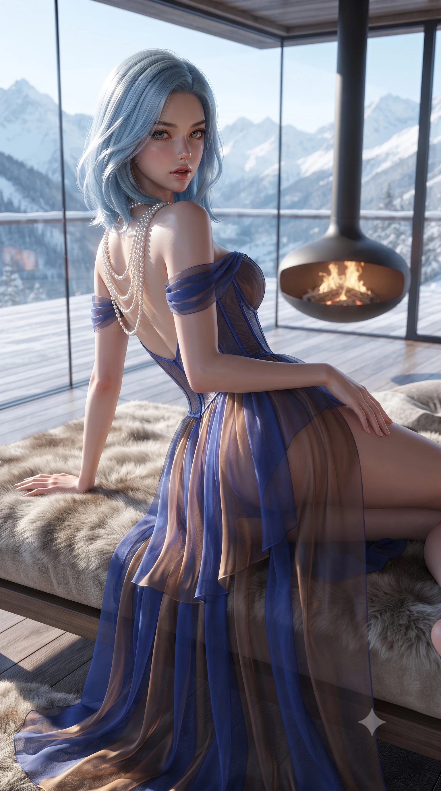 score_9, masterpiece, best quality, ultra-detailed, high-budget anime keyframe, editorial fashion photography, tasteful artistic composition, Korean woman. close-up cowboy shot from the waist and thighs up, the character dominates the composition, filling the frame with her large presence. arching her spine backward with effortless dancer poise, one hand sliding along her hip line as directional light carves specular highlights along her silhouette while reclining on a plush fur-lined lounge daybed before a suspended circular fireplace, arching her spine in cozy, seductive warmth. The surrounding environment is rendered in vivid detail and crisp panoramic clarity. sharp frosted timber deck grain, glass wall silicone seams, and distant mountain peak snow ridges in deep focus. She has an exceptionally elegant, slender, and willowy female figure with an ultra-slim waist, flat toned midriff, narrow ribcage, and sculpted feminine hips creating an alluring, slim hourglass silhouette without bulk. sharp v-shaped jawline, high-bridge nose, intricate jewel-like eyes with depth, thick eyelashes, glossy parted lips with a natural sheen, intensely captivating and seductive bedroom-eyes expression, flawlessly proportioned anatomical accuracy, strict slender model proportions, natural body alignment, perfectly sculpted long slender limbs, ultra-slim waistline, clean dynamic posture without body distortion. wearing an off-shoulder French court corset bodice dress paired with a tiered translucent chiffon slit skirt in royal sapphire blue and liquid bronze, woven from layered gossamer chiffon with a weightless sweeping drape, accented with a multi-strand pearl back necklace cascading down her bare spine to her hips, the form-contouring material adhering flawlessly to her sculpted flat midriff and slender torso, emphasizing her long leg lines and perfectly proportioned willowy build. illuminated by bright specular snow reflections tracing her sculpted collarbones, waist, and long limbs. ultra-reflective glossy finish, specular highlights, rich textural contrasts, high-contrast stereoscopic depth, volumetric dynamic lighting, 2k, ultra detail, master piece, 9:16 ratio