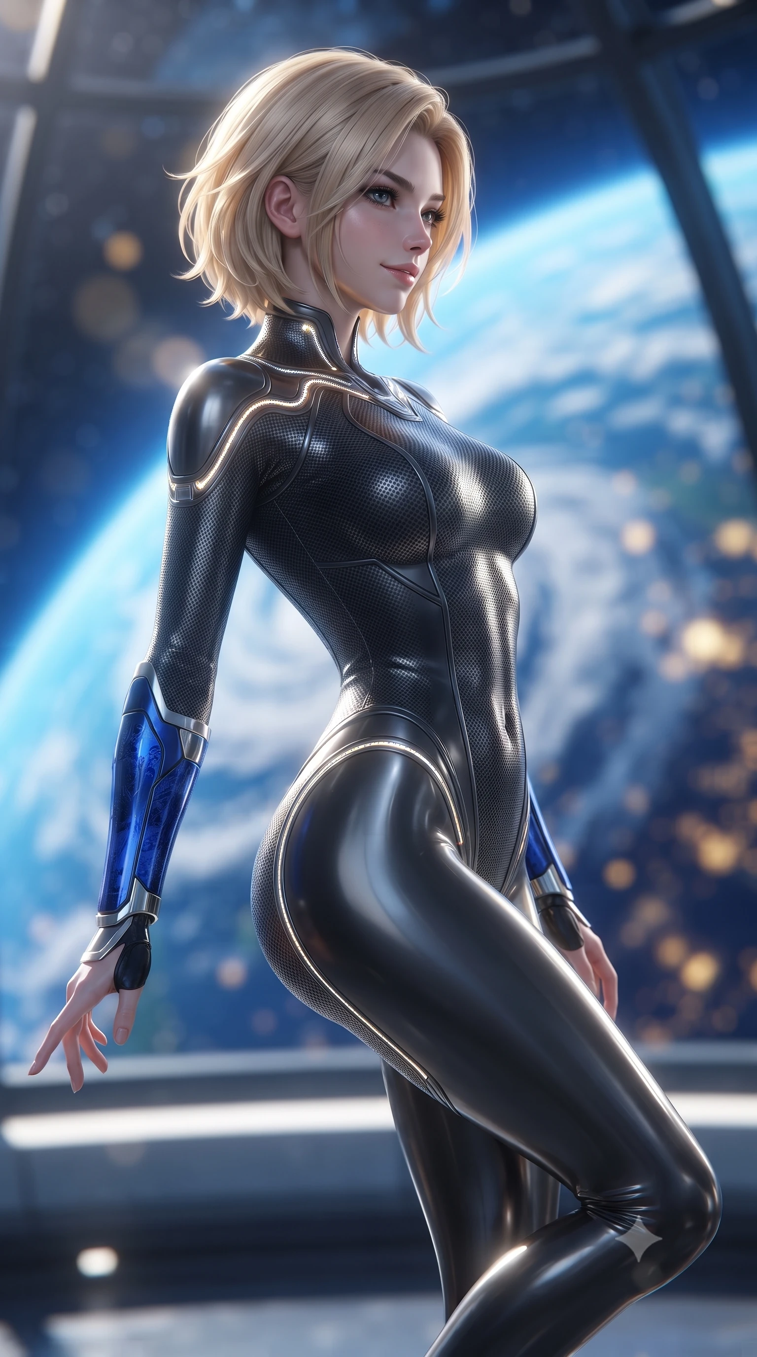 score_9, masterpiece, best quality, ultra-detailed, high-budget anime keyframe, editorial fashion photography, tasteful artistic composition, Caucasian woman. close-up cowboy shot from the waist and thighs up, the character dominates the composition, filling the frame with her large presence. resting one hand in a defensive deflective posture while glancing over her shoulder with thick eyelashes and a confident, smoldering combat half-smile while floating in zero-gravity inside a soaring glass dome dojo overlooking the brilliant blue curvature of Earth while striking a serene martial arts pose. The composition keeps background elements in soft focus with creamy bokeh. glowing blue curve of planet Earth and swirling white cloud spirals blurred into radiant azure, gold, and indigo bokeh. She has an exceptionally elegant, slender, and willowy female figure with an ultra-slim waist, a gracefully sculpted slender torso, toned flat midriff, and a refined slim silhouette. sharp v-shaped jawline, high-bridge nose, intricate jewel-like eyes with depth, thick eyelashes, glossy lips with a natural sheen, flawlessly proportioned anatomical accuracy, strict slender model proportions, natural body alignment, perfectly sculpted long slender limbs, ultra-slim waistline, clean dynamic posture without body distortion. wearing an aerodynamic dark titanium carbon-mesh jumper with glowing blue fiber lines and reinforced Damascus-pattern arm guards in electric cobalt blue carbon with polished platinum trim, made of liquid carbon-jersey fabric adhering flawlessly to her sculpted silhouette, accented with glowing fiber-optic conduits tracing her collarbones and hip curves, the form-contouring material adhering flawlessly to her sculpted flat midriff and slender torso, emphasizing her long leg lines and perfectly proportioned willowy build. illuminated by crisp white key light and sharp specular highlights tracing her ultra-slim waist and long legs. ultra-reflective glossy finish, specular highlights, dark metallic sheen, high-contrast stereoscopic depth, volumetric dynamic lighting, 2k, ultra detail, master piece, 9:16 ratio