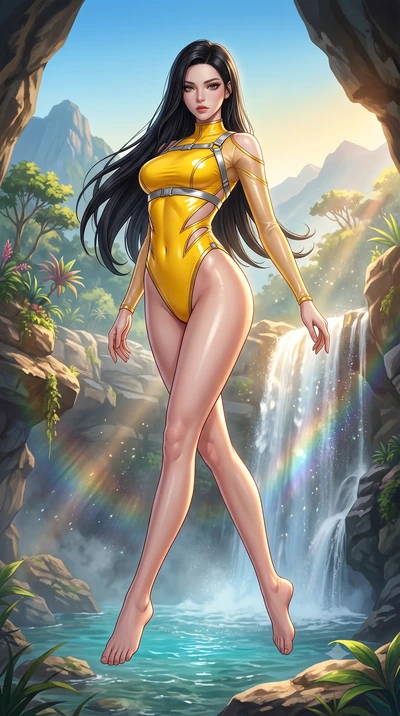 score_9, masterpiece, best quality, ultra-detailed, high-budget anime keyframe, semi-realistic 3D game render, editorial fashion photography, tasteful artistic composition, Korean woman. low angle full-body shot from head to toe showing her feet, fil