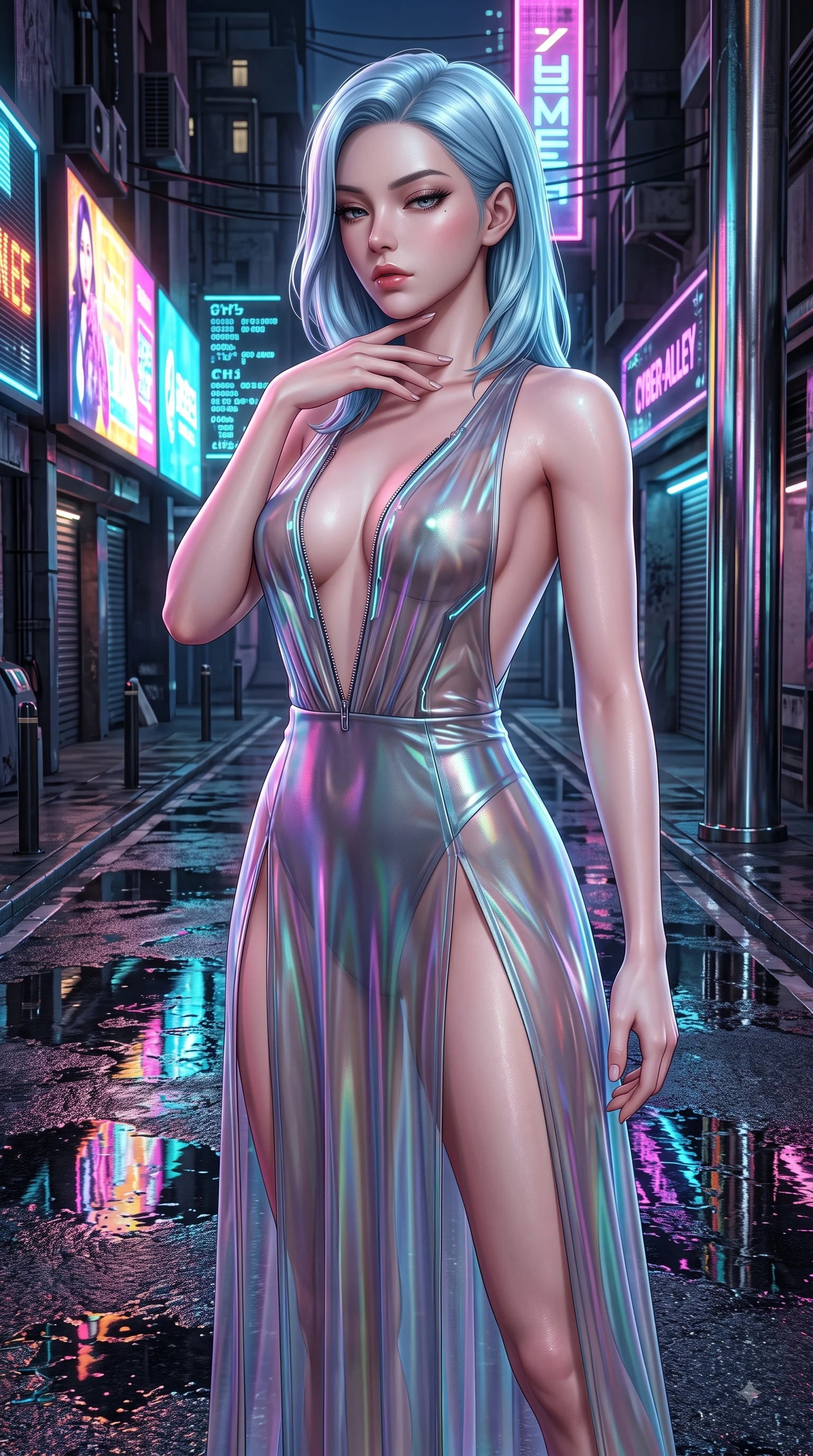 score_9, masterpiece, best quality, ultra-detailed, high-budget anime keyframe, semi-realistic 3D game render, editorial fashion photography, tasteful artistic composition, Korean woman. close-up cowboy shot from the waist and thighs up, the character dominates the composition, filling the frame with her large presence. resting her fingers lightly against her throat while looking down with a smoldering, haughty yet intensely captivating glance while pivoting dynamically on reflective wet asphalt as vibrant neon billboard lights ripple across puddles. The surrounding environment is rendered in vivid detail and crisp panoramic clarity. intricate cyber-alley architecture, glowing data glyphs, and chrome pillar reflections in high clarity. She has an exceptionally elegant, slender, and willowy female figure with an ultra-slim waist, a gracefully sculpted slender torso, and a refined silhouette. sharp v-shaped jawline, high-bridge nose, intricate jewel-like eyes with depth, thick eyelashes, glossy lips with a natural sheen, flawlessly proportioned anatomical accuracy, natural body alignment, perfectly sculpted elegant limbs, clean dynamic posture without body distortion. wearing a translucent iridescent chiffon gown with a plunging neckline, high dual thigh slits, and an open back in translucent smoky quartz and iridescent holographic sheen, made of liquid metal jersey that clings flawlessly to every contour of her build, featuring a dangerously unzipped neckline framed by glowing cybernetic accents, the sleek aerodynamic cut emphasizing her magnetic presence and alluring physical grace. surrounded by a gritty, glamorous, and intensely cinematic cyberpunk noir atmosphere. highly saturated vibrant anime colors, detailed shading with soft gradients, rich glossy textures, high-contrast stereoscopic depth, volumetric dynamic lighting, master piece, 9:16 ratio