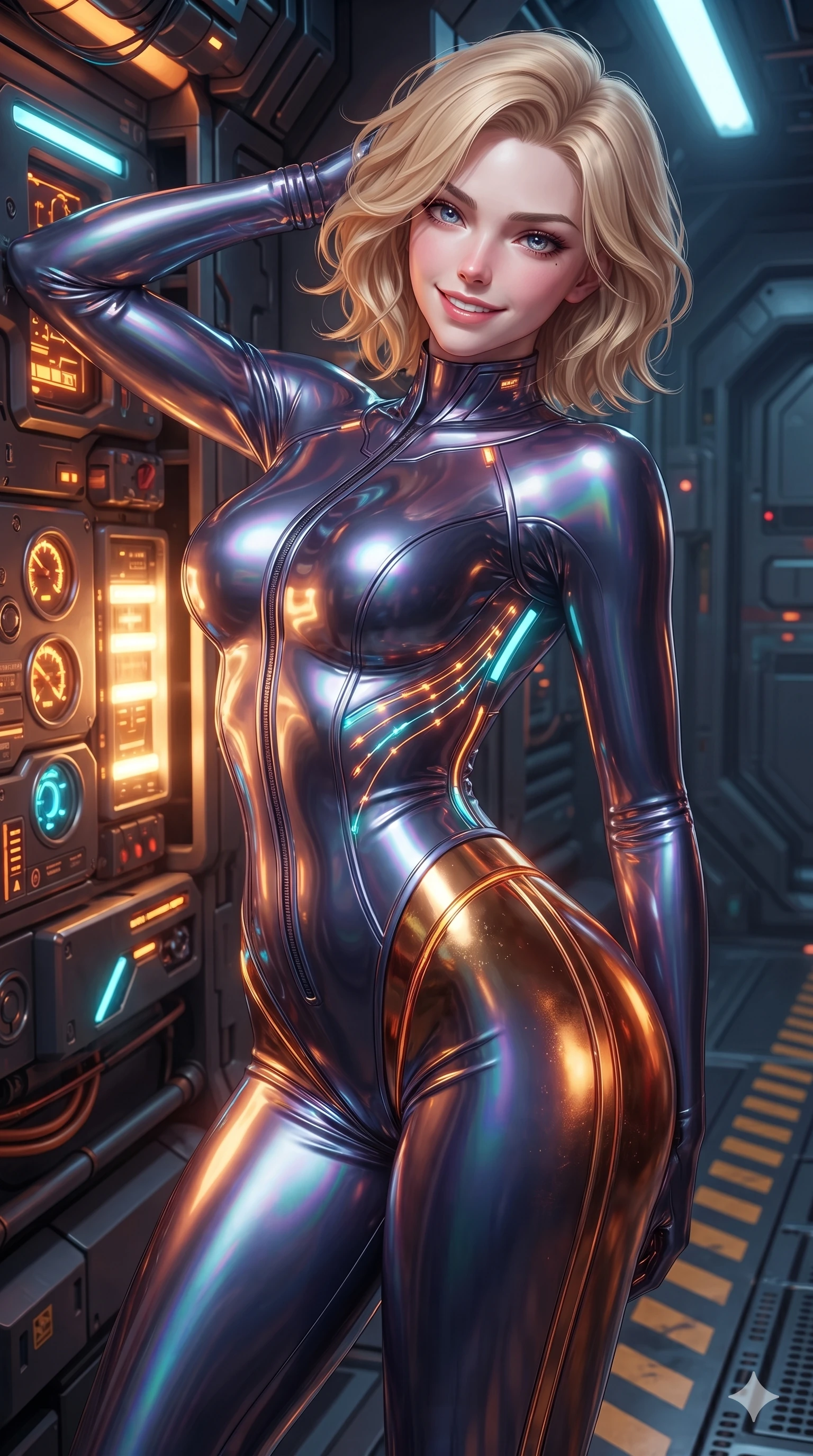score_9, masterpiece, best quality, ultra-detailed, high-budget anime keyframe, editorial fashion photography, tasteful artistic composition, Caucasian woman. close-up cowboy shot from the waist and thighs up, the character dominates the composition, filling the frame with her large presence. leaning back against the glowing maintenance bulkhead with relaxed seductive grace, her flat midriff and narrow waist highlighted as laser ambient light traces her curves while twisting her slender torso in an alluring contrapposto stance, blazing liquid plasma reflections tracing her narrow waist and curvy hips in molten gold and copper. The surrounding environment is rendered in vivid detail and crisp panoramic clarity: sharp floor warning stripes, heavy titanium gantry rivets, and glowing plasma pressure gauges in deep focus. She has an exceptionally elegant, slender, and willowy female figure with an ultra-slim waist, flat toned midriff, narrow ribcage, and sculpted feminine hips creating an alluring, slim hourglass silhouette without bulk. sharp v-shaped jawline, high-bridge nose, intricate jewel-like sparkling eyes with depth, thick eyelashes, glossy parted lips with a natural sheen, bright confident smile with an enchanting and coquettish sensual glint, exuding both youthful magnetic charm and sovereign high-tech allure, flawlessly proportioned anatomical accuracy, strict slender model proportions, natural body alignment, perfectly sculpted long slender limbs, ultra-slim waistline, clean dynamic posture without body distortion. wearing a form-fitting zero-gravity EVA jumpsuit with an ultra-slim corseted waist and exposed clavicle line in iridescent dark chrome and holographic violet, formed from supple thermal silicone composite adhering seamlessly like a second skin, accented with illuminated micro-fiber optic circuit threads tracing along her ribs and spine, the form-contouring cut accentuating her sculpted flat midriff, narrow delicate ribcage, and gracefully curvy hips with cybernetic supermodel precision. bathed in the intense warm 2200K furnace glow of subterranean plasma conduits mixed with cool cyan emergency strip lights. ultra-reflective glossy finish, specular highlights, rich textural contrasts, high-contrast stereoscopic depth, volumetric dynamic lighting, 2k, ultra detail, master piece, 9:16 ratio