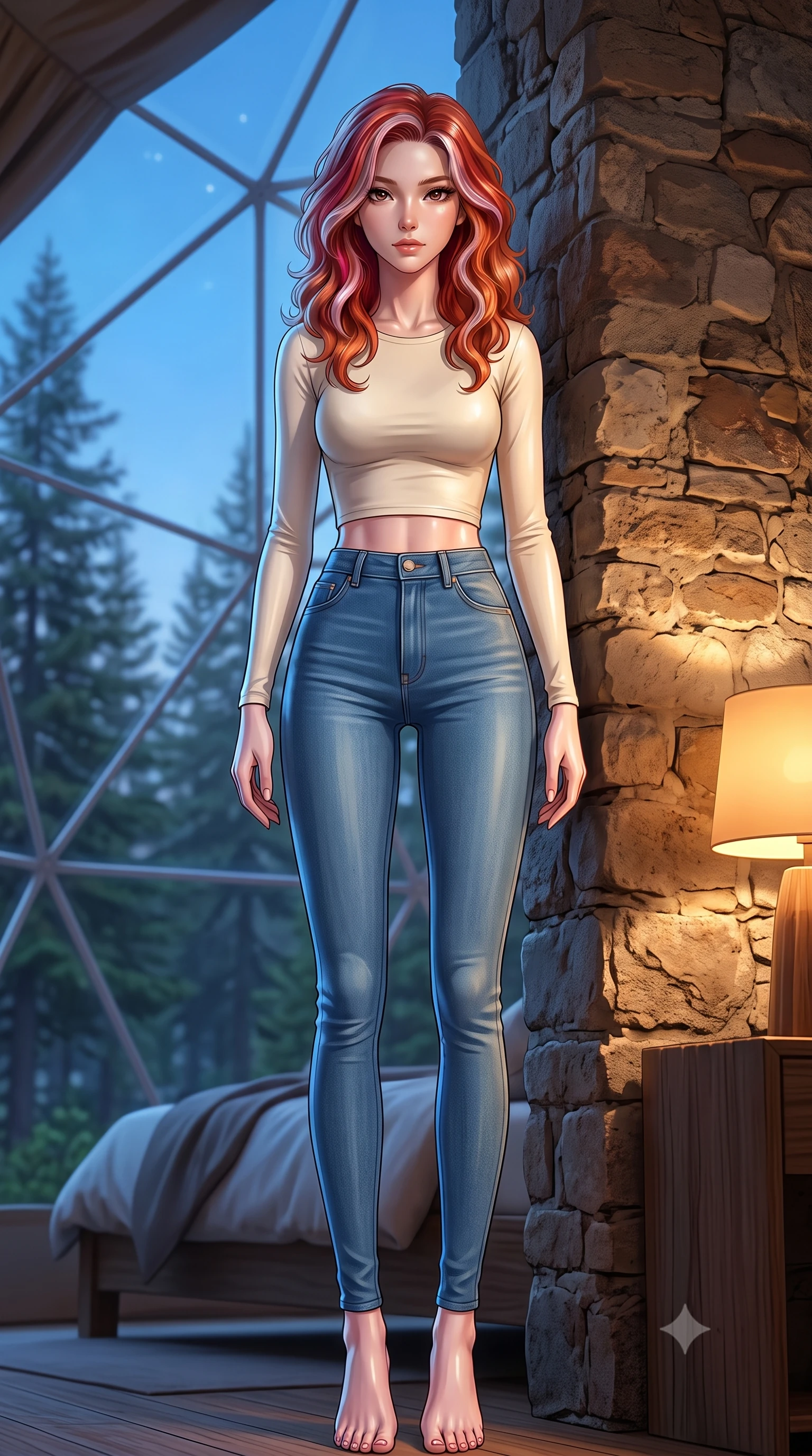 score_9, masterpiece, best quality, ultra-detailed, high-budget anime keyframe, editorial fashion photography, tasteful artistic composition, Caucasian woman. low angle full-body shot from head to toe showing her feet, filling the entire 9:16 vertical frame with her statuesque presence, stretching her vertical silhouette. leaning back against a rustic stone wall, casting a slow, alluring gaze at the camera the background shows a soft-focus the interior of a modern geodesic dome tent with panoramic views of a pine forest. She has an absolutely perfect, statuesque 8.5-heads proportion, an exceptionally tall and slender model-like female figure with impossibly long slender legs and an ultra-slim waist. sharp v-shaped jawline, high-bridge nose, intricate jewel-like eyes with depth, thick eyelashes, glossy lips with a natural sheen. wearing a tailored body-hugging long-sleeve crop top in cream cotton paired with high-waisted skinny jeans. cool blue twilight sky glow contrasting with the warm amber glow of a bedside lamp. ultra-reflective glossy finish, specular highlights, metallic sheen, high-contrast stereoscopic depth, volumetric dynamic lighting, 2k, ultra detail, master piece, 9:16 ratio