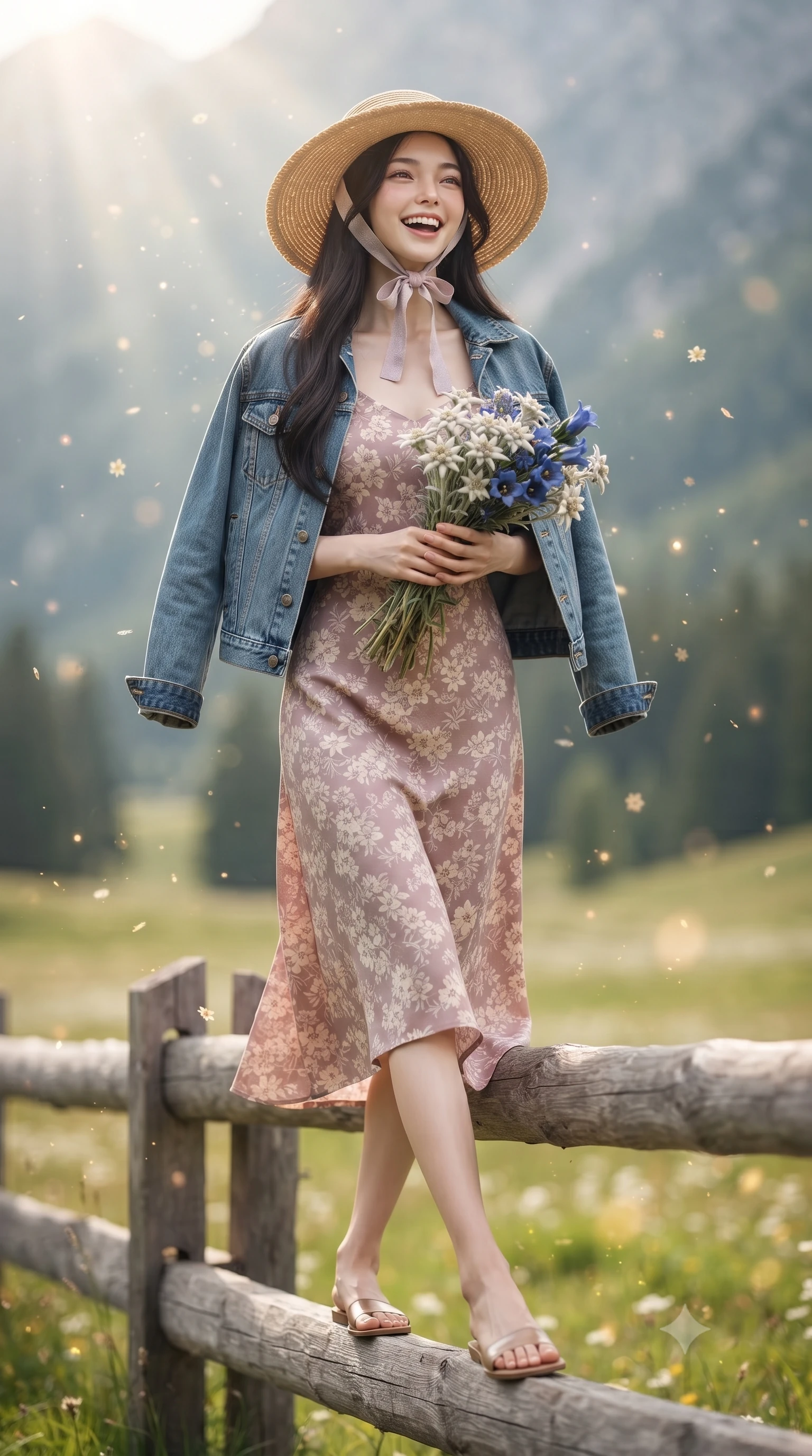 score_9, masterpiece, best quality, ultra-detailed, high-budget anime keyframe, editorial fashion photography, tasteful artistic composition, Korean woman. low angle full-body shot from head to toe showing her feet, filling the entire 9:16 vertical frame with her statuesque presence, stretching her vertical silhouette. stepping forward gracefully in mid-motion with a delighted cute laugh, displaying her tall slender model proportions while sitting delicately on a rustic wooden alpine fence holding a bouquet of freshly picked edelweiss and gentian flowers. The composition keeps background elements in soft focus with creamy bokeh. sparkling mountain breeze sunbeams and floating flower pollen scattering warm dreamy light motes. She has an absolutely perfect, statuesque 8.5-heads proportion, an exceptionally tall and slender model-like female figure with impossibly long slender legs, a toned flat midriff, and an ultra-slim waist. sharp v-shaped jawline, high-bridge nose, intricate jewel-like eyes with depth, thick eyelashes, glossy lips with a natural sheen, pure and lovely fresh girlhood expression, flawlessly proportioned anatomical accuracy, strict slender model proportions, natural body alignment, perfectly sculpted long slender limbs, ultra-slim waistline, clean dynamic posture without body distortion. wearing a classic denim jacket worn lightly over shoulders with a floral print slip dress underneath in soft dusty rose and oatmeal beige, tailored from soft pastel lightweight wool blend with subtle texture, paired with a wide-brim woven straw hat tied with a pastel ribbon, the relaxed yet flattering fit accentuating her naturally graceful and slender figure, highlighting her youthful charm and lovely silhouette. surrounded by a fresh, uplifting, and enchantingly pure alpine girlhood aura. ultra-reflective glossy finish, specular highlights, rich natural textures, high-contrast stereoscopic depth, volumetric dynamic lighting, 2k, ultra detail, master piece, 9:16 ratio
