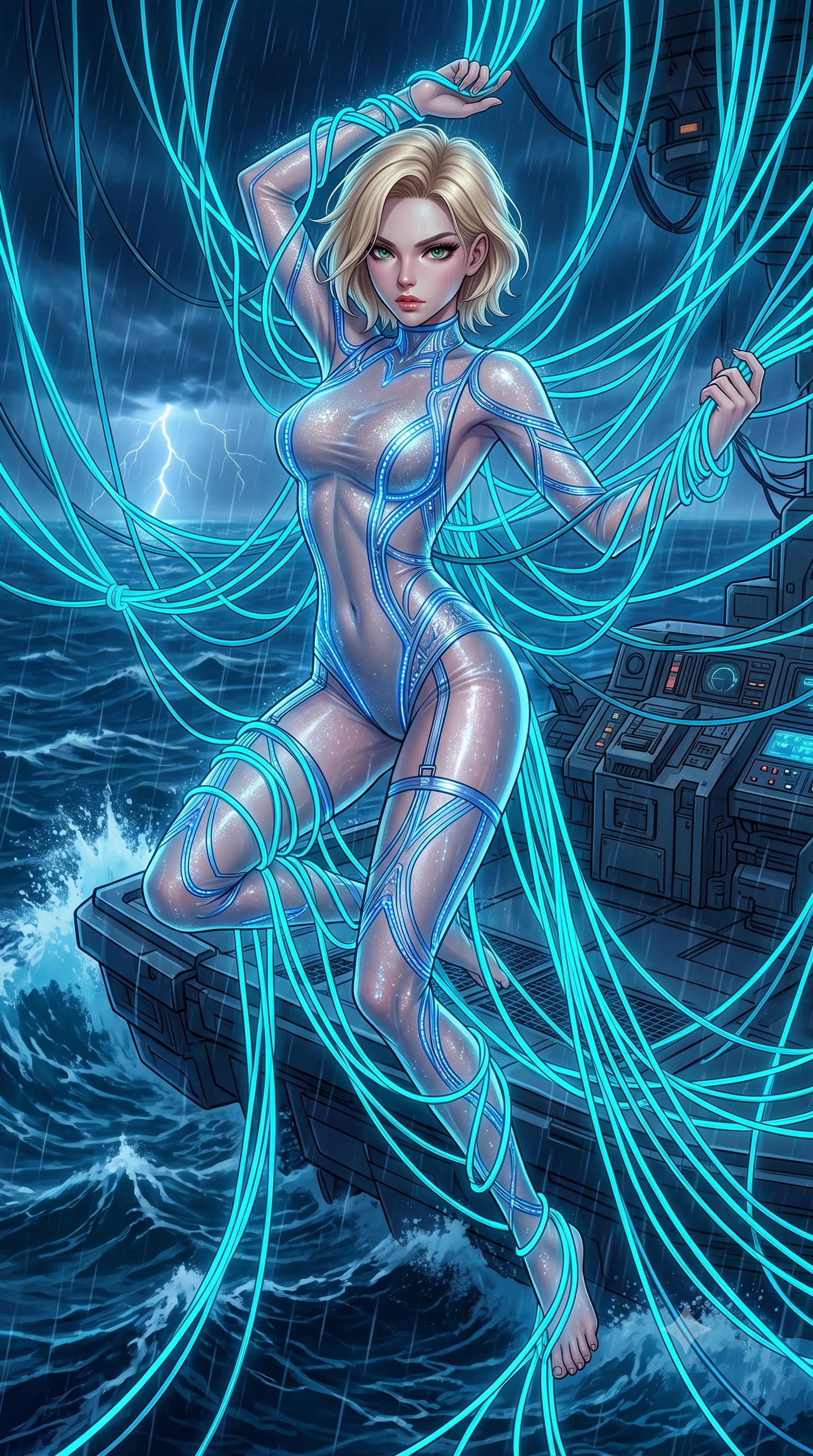 score_9, masterpiece, best quality, ultra-detailed, High-budget Anime Keyframe, Caucasian woman, strictly human ears. Dynamic full-body shot stretching the vertical silhouette to the limit. Scenario 361: tangled in a web of glowing cyan fiber-optic cables inside a floating platform suspended over a stormy sea of dark blue water. Her presence is magnetic and overpowering in this high-budget anime scene. Outfit 361: a form-contouring shimmering chiffon garter with a backless design and glowing LED seams. The clothing is designed to emphasize her exceptionally tall and slender 8-heads proportion. 8-heads proportion, towering silhouette, ultra-slim waist. sharp v-shaped jawline, intricate jewel-like eyes with depth, thick eyelashes, glossy lips. 2k, ultra detail, master piece, 9:16 ratio