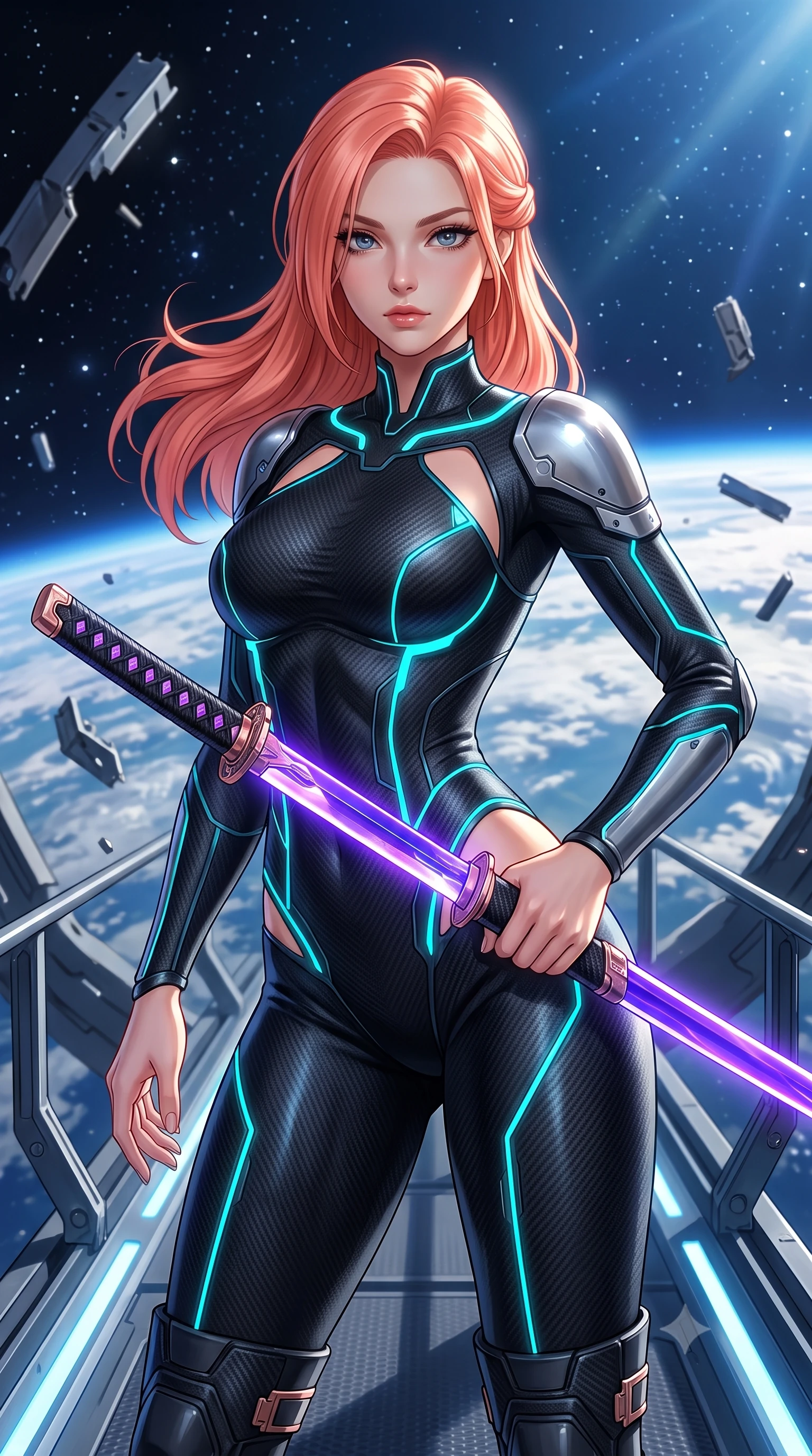score_9, masterpiece, best quality, ultra-detailed, high-budget anime keyframe, semi-realistic 3D game render, editorial fashion photography, tasteful artistic composition, Japanese woman. close-up cowboy shot from the waist and thighs up, the character dominates the composition, filling the frame with her large presence. twisting her upper body in a dynamic S-curve combat stance, one hand steadying her weapon with commanding supermodel allure while pivoting dynamically on a magnetic catwalk as floating zero-gravity metal debris and starlight frame her statuesque silhouette. The surrounding environment is rendered in vivid detail and crisp panoramic clarity. detailed magnetic boot clamp seams, Earth's atmospheric cloud patterns, and titanium gantry in high clarity. She has an exceptionally elegant, slender, and willowy female figure with an ultra-slim waist, a gracefully sculpted slender torso, toned flat midriff, and a refined slim silhouette. sharp v-shaped jawline, high-bridge nose, intricate jewel-like eyes with depth, thick eyelashes, glossy lips with a natural sheen, flawlessly proportioned anatomical accuracy, strict slender model proportions, natural body alignment, perfectly sculpted long slender limbs, ultra-slim waistline, clean dynamic posture without body distortion. wearing an aerodynamic matte-black carbon-fiber bodysuit with glowing neon cyan conduit lines, reinforced by polished titanium pauldrons, wielding a sleek holographic plasma katana with a brilliant energy blade in royal purple carbon fiber with rose-gold hardware and clasps, made of liquid carbon-jersey fabric adhering flawlessly to her sculpted silhouette, accented with glowing fiber-optic conduits tracing her collarbones and hip curves, the precision-cut daring openings accentuating her delicate midriff, graceful bare collarbones, and ultra-slim feminine waistline. bathed in dazzling natural orbital sunlight and rich blue planetary ambient bounce light. rich saturated anime colors with glowing neon highlights, detailed shading with soft gradients, rich glossy textures, high-contrast stereoscopic depth, volumetric dynamic lighting, master piece, 9:16 ratio