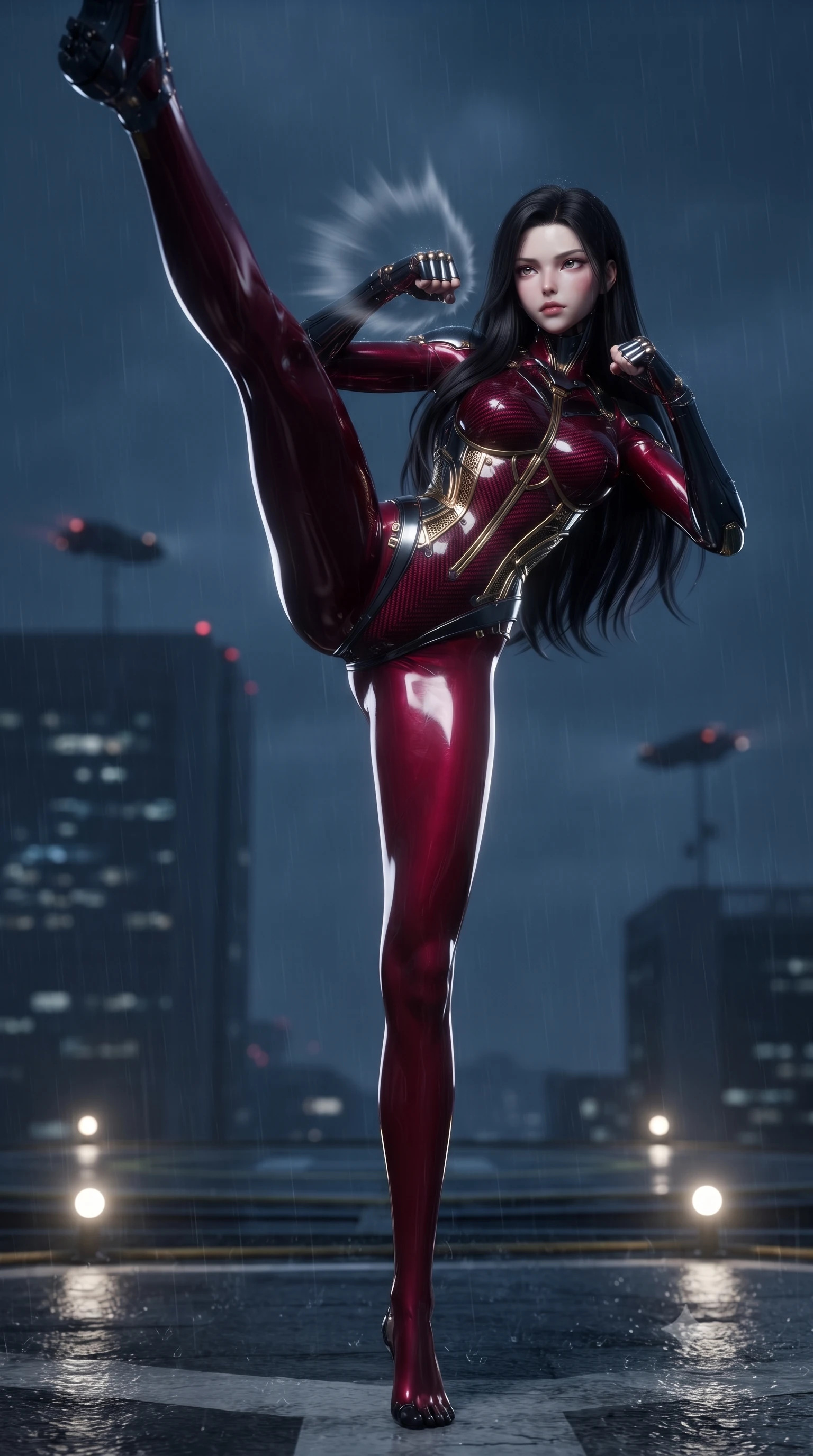 score_9, masterpiece, best quality, ultra-detailed, high-budget anime keyframe, editorial fashion photography, tasteful artistic composition, Korean woman. low angle full-body shot from head to toe showing her feet, filling the entire 9:16 vertical frame with her statuesque presence, stretching her vertical silhouette. executing a breathtaking zero-gravity high-kick with full 180-degree vertical extension, her impossibly long slender legs dominating the frame with razor-sharp poise while delivering a lightning-fast kinetic punch on a rain-swept skyscraper rooftop, generating a visible conical air-distortion shockwave. The composition keeps background elements in soft focus with creamy bokeh. helipad landing lights and flying vehicle navigation beacons softened in moody shallow focus. She has an absolutely perfect, statuesque 8.5-heads proportion, an exceptionally tall and slender model-like female figure with impossibly long slender legs, a toned flat midriff, and an ultra-slim waist. sharp v-shaped jawline, high-bridge nose, intricate jewel-like eyes with depth, thick eyelashes, glossy lips with a natural sheen, flawlessly proportioned anatomical accuracy, strict slender model proportions, natural body alignment, perfectly sculpted long slender limbs, ultra-slim waistline, clean dynamic posture without body distortion. wearing a precision-tailored high-fashion carbon-fiber corset bodysuit with gold mechanical rib boning and kinetic shock-dampening palms in deep crimson carbon weave with specular dark chrome accents, crafted from semi-translucent cybernetic carbon-vinyl interwoven with glowing micro-filaments, reinforced by a sleek titanium kinetic harness and glowing micro-energy straps, the form-contouring material adhering flawlessly to her sculpted flat midriff and slender torso, emphasizing her long leg lines and perfectly proportioned willowy build. illuminated by crisp white key lighting with sharp specular highlights tracing her sculpted flat midriff and waist. ultra-reflective glossy finish, specular highlights, dark metallic sheen, high-contrast stereoscopic depth, volumetric dynamic lighting, 2k, ultra detail, master piece, 9:16 ratio