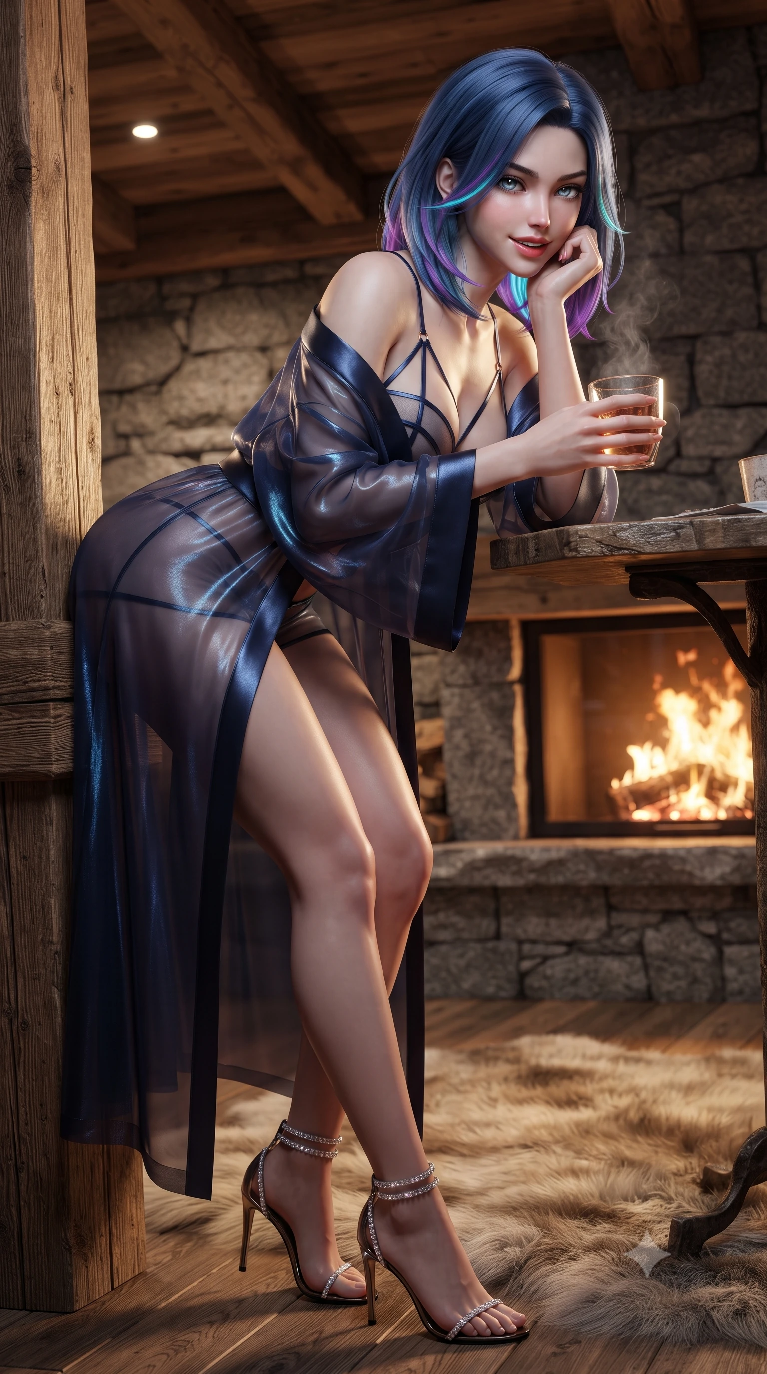 score_9, masterpiece, best quality, ultra-detailed, high-budget anime keyframe, editorial fashion photography, tasteful artistic composition, Caucasian woman. close-up cowboy shot from the waist and thighs up, the character dominates the composition, filling the frame with her large presence. resting one elbow on the table and supporting her chin, leaning close to the camera with heavy-lidded sparkling eyes and parted lips while leaning against the reclaimed Swiss pine beam with hips cocked back, holding a warm glass with magnetic smoldering bedroom-eyes. The surrounding environment is rendered in vivid detail and crisp panoramic clarity: sharp rough-hewn Engadin granite stone relief, hand-planed larch wood ceiling beams, and plush fur rug pile in deep focus. She has an exceptionally elegant, slender, and willowy female figure with an ultra-slim waist, flat toned midriff, narrow ribcage, and sculpted feminine hips creating an alluring, slim hourglass silhouette without bulk. sharp v-shaped jawline, high-bridge nose, intricate jewel-like sparkling eyes with depth, thick eyelashes, glossy parted lips with a natural peach sheen, bright cheerful beaming smile with an enchanting and coquettish sensual glint, exuding both youthful cute charm and seductive allure, flawlessly proportioned anatomical accuracy, strict slender model proportions, natural body alignment, perfectly sculpted long slender limbs, ultra-slim waistline, clean dynamic posture without body distortion. wearing an ethereal translucent silk chiffon yukata robe slipping off bare shoulders over a strappy underwire bralette and micro-shorts in Manhattan midnight obsidian and electric platinum, crafted from translucent silk organza with an ethereal crystalline sheen, complemented by strappy stiletto sandals with crystal ankle wraps accentuating her slender calves, the liquid-tight tailored fabric clinging flawlessly to her narrow waist and rounded feminine hips, emphasizing every millimeter of her sculpted slim hourglass curves without any bulky heaviness. bathed in the rich chiaroscuro 2100K radiant glow of natural dancing hearth firelight mixed with cool snow reflection fill. ultra-reflective glossy finish, specular highlights, rich textural contrasts, high-contrast stereoscopic depth, volumetric dynamic lighting, 2k, ultra detail, master piece, 9:16 ratio