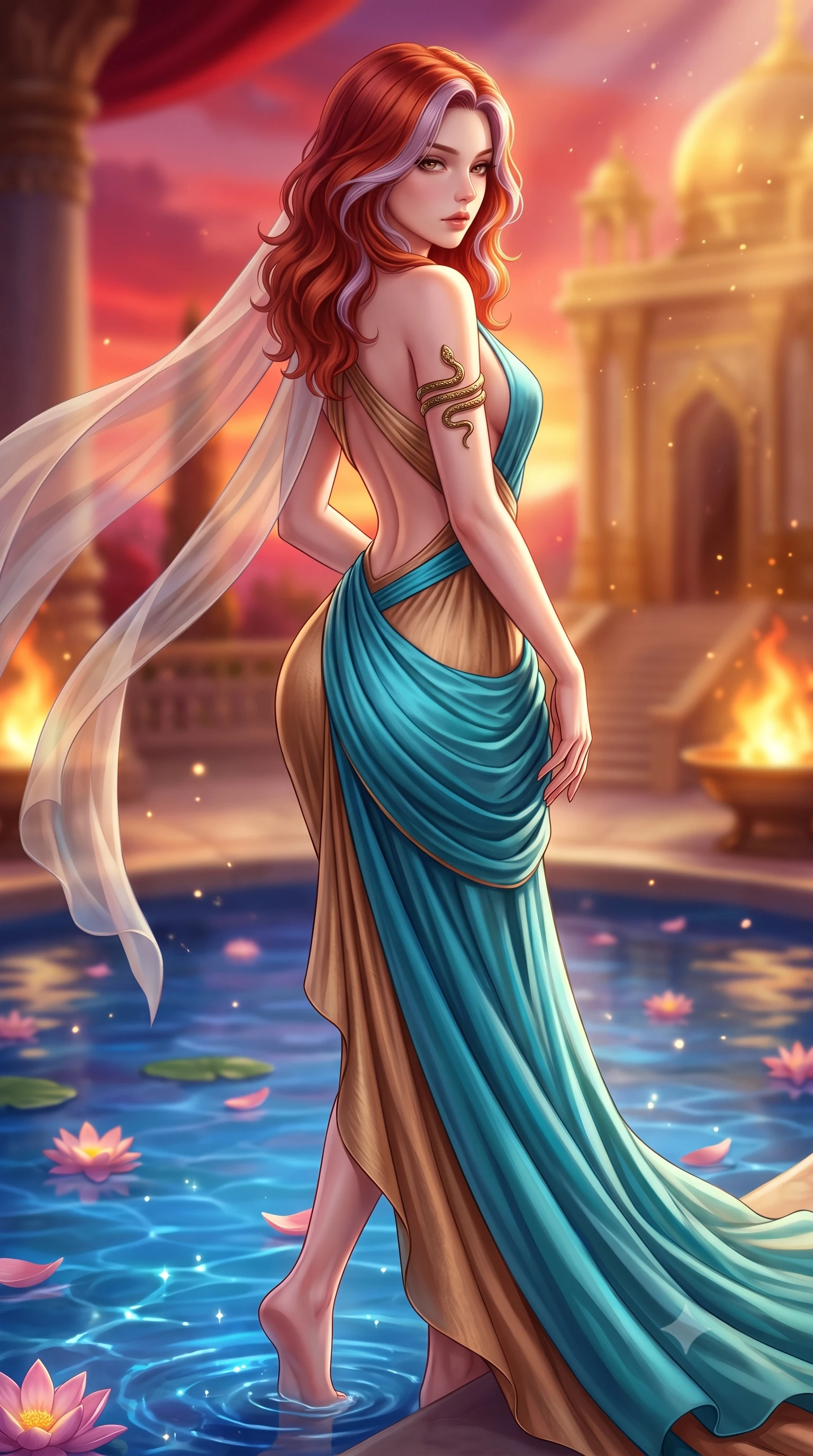 score_9, masterpiece, best quality, ultra-detailed, high-budget anime keyframe, semi-realistic 3D game render, editorial fashion photography, tasteful artistic composition, Caucasian woman. close-up cowboy shot from the waist and thighs up, the character dominates the composition, filling the frame with her large presence. twisting her slender torso in a deep contrapposto stance, hips dramatically shifted to accentuate her feminine curves while looking past her shoulder with smoldering bedroom-eyes while dipping one slender foot into the sacred lapis lazuli pool before the golden temple, hips cocked back in an alluring S-curve as she looks over her bare shoulder. The composition keeps background elements in soft focus with creamy bokeh. sparkling pool caustics and floating lotus petals scattering radiant sunlight motes across the sanctuary. She has an exceptionally elegant, slender, and willowy female figure with an ultra-slim waist, a gracefully sculpted slender torso, toned flat midriff, and rounded feminine hips creating an alluring hourglass silhouette. sharp v-shaped jawline, high-bridge nose, intricate jewel-like eyes with depth, thick eyelashes, glossy parted lips with a natural sheen, intensely captivating and seductive bedroom-eyes expression, flawlessly proportioned anatomical accuracy, strict slender model proportions, natural body alignment, perfectly sculpted long slender limbs, ultra-slim waistline, clean dynamic posture without body distortion. wearing an open-back royal duchess satin gown with a dramatic hip-hugging drape and cascading trailing hem in desert sand bronze and radiant turquoise, crafted from breathable crinkled linen with organic desert dye, accessorized with an engraved brass serpent armlet and sweeping sheer chiffon veil, the glove-like aerodynamic silhouette tightly following the natural contour of her hips and long slender legs with statuesque precision. bathed in blazing crimson sunset backlighting and warm amber brazier fire uplights. highly saturated vibrant anime colors, detailed shading with soft gradients, rich glossy textures, high-contrast stereoscopic depth, volumetric dynamic lighting, master piece, 9:16 ratio