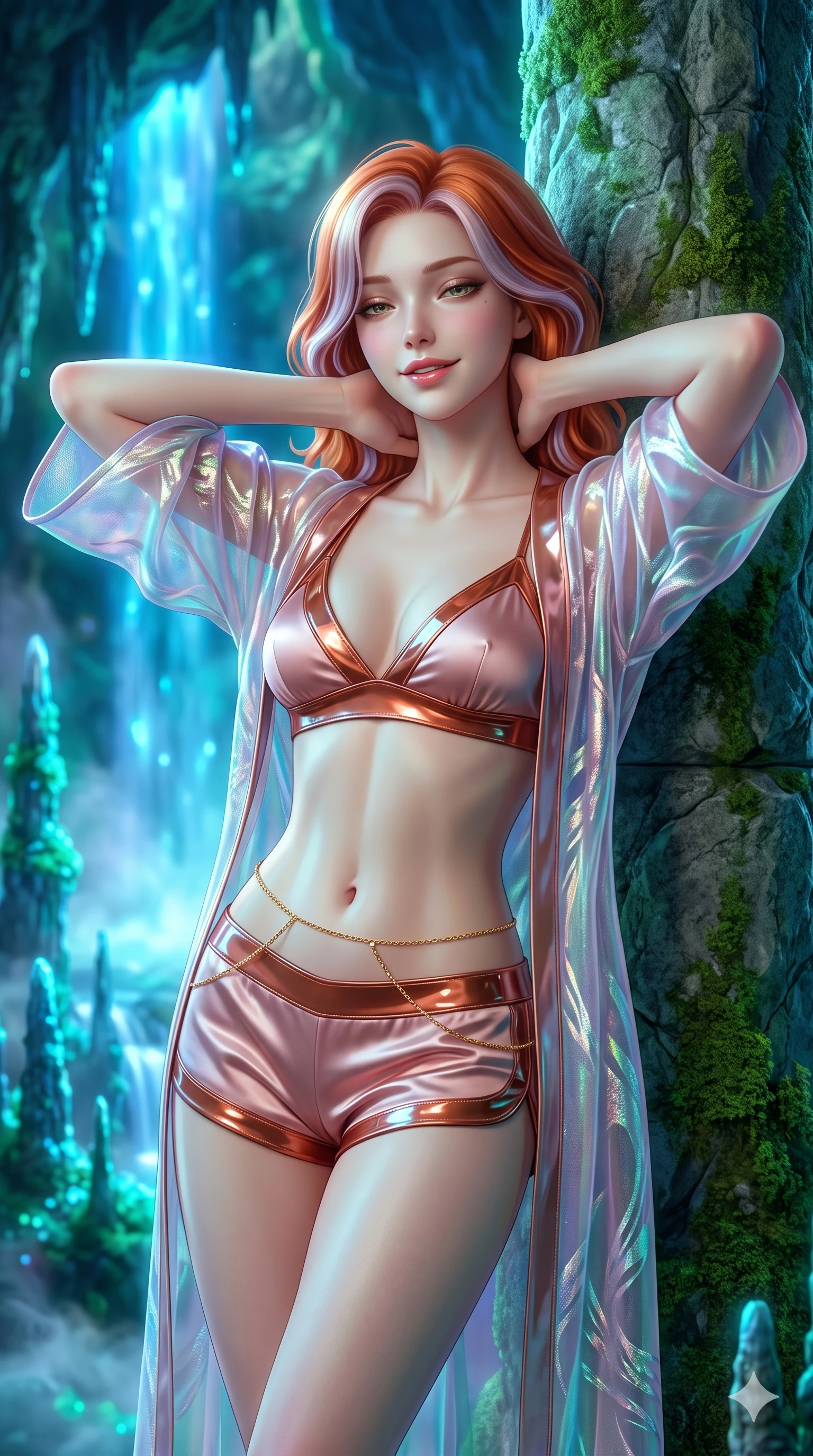 score_9, masterpiece, best quality, ultra-detailed, high-budget anime keyframe, semi-realistic 3D game render, editorial fashion photography, tasteful artistic composition, Caucasian woman. close-up cowboy shot from the waist and thighs up, the character dominates the composition, filling the frame with her large presence. resting both hands lightly behind her neck with elbows raised, arching her spine to highlight her narrow waist, flat midriff, and breathtaking collarbones while leaning against the moss-covered rock needle with hips cocked back, watching glowing azure water cascades splash into luminous mist with heavy-lidded bedroom-eyes. The background shows a soft-focus cascading luminescent blue waterfalls, glowing cyan moss on vertical spires, and swirling cavern mists blurred into electric blue, turquoise, and jade bokeh. She has an exceptionally elegant, slender, and willowy female figure with an ultra-slim waist, flat toned midriff, narrow ribcage, and sculpted feminine hips creating an alluring, slim hourglass silhouette without bulk. sharp v-shaped jawline, high-bridge nose, intricate jewel-like sparkling eyes with depth, thick eyelashes, glossy parted lips with a natural peach sheen, bright cheerful beaming smile with an enchanting and coquettish sensual glint, exuding both youthful cute charm and seductive allure, flawlessly proportioned anatomical accuracy, strict slender model proportions, natural body alignment, perfectly sculpted long slender limbs, ultra-slim waistline, clean dynamic posture without body distortion. wearing a translucent iridescent organza kimono robe slipping off bare shoulders over a matching satin micro-bralette and micro-shorts in rose-quartz blush and burnished copper, tailored from high-gloss patent leather with mirror-like specular highlights, accented with a dainty gold belly chain resting across her flat midriff and curving hips, the bespoke structured tailoring following the natural line of her 8.5-heads silhouette with refined elegance. bathed in vivid electric-blue waterfall luminescence mixed with soft ambient cavern turquoise. highly saturated vibrant anime colors, detailed shading with soft gradients, rich glossy textures, high-contrast stereoscopic depth, volumetric dynamic lighting, master piece, 9:16 ratio