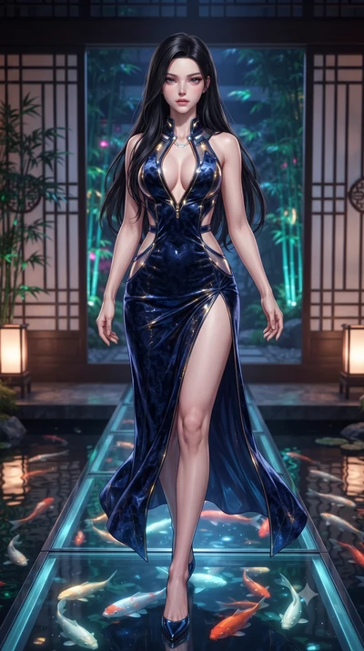 score_9, masterpiece, best quality, ultra-detailed, high-budget anime keyframe, editorial fashion photography, tasteful artistic composition, Korean woman. low angle full-body shot from head to toe showing her feet, filling the entire 9:16 vertical f