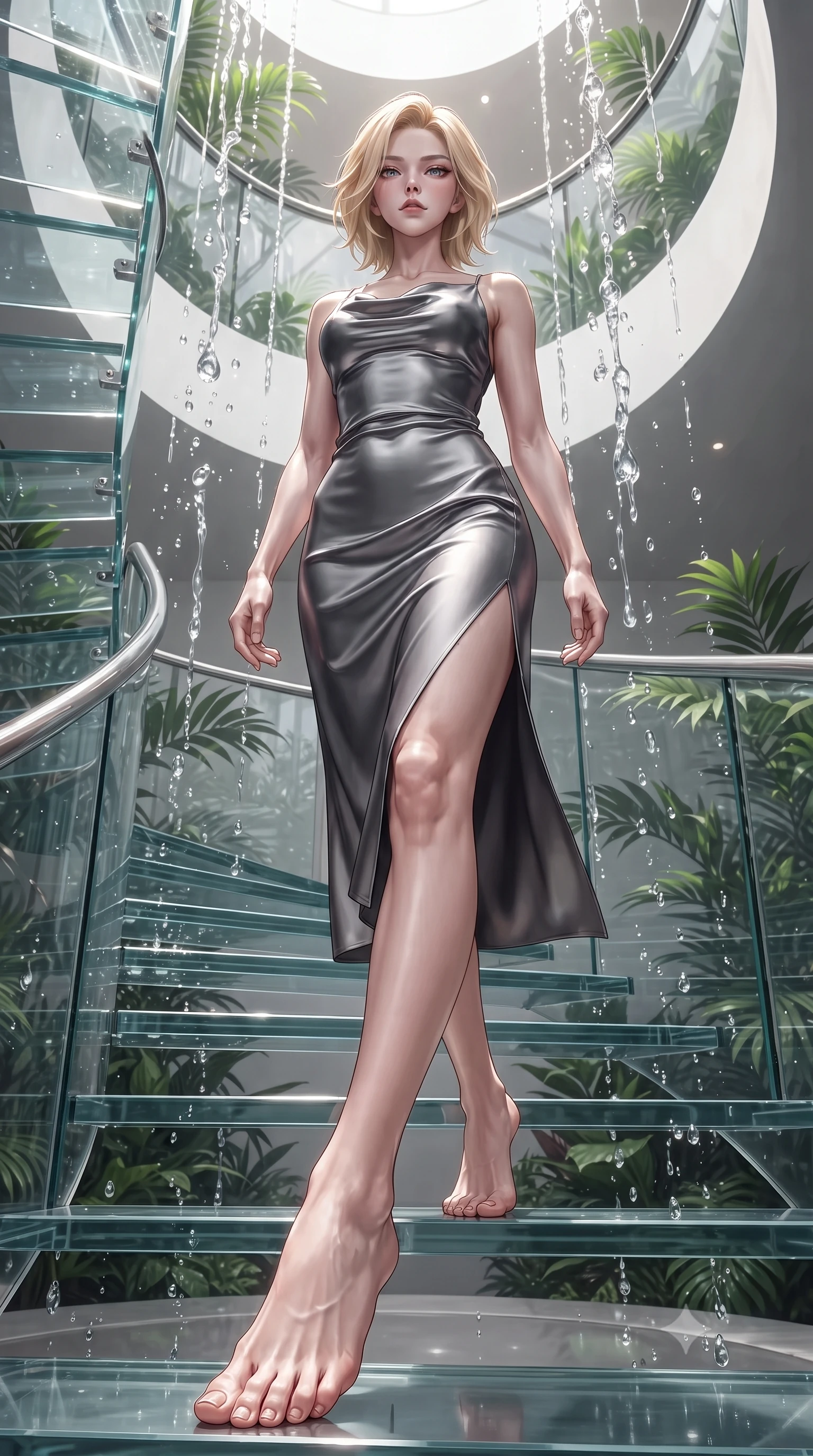 score_9, masterpiece, best quality, ultra-detailed, high-budget anime keyframe, editorial fashion photography, tasteful artistic composition, Caucasian woman. low angle full-body shot from head to toe showing her feet, filling the entire 9:16 vertical frame with her statuesque presence, stretching her vertical silhouette. forging dynamically through the scene, her vertical silhouette beautifully stretched ascending a vertical spiral glass staircase enveloped by tropical sunbeams, translucent water droplets cascading down platinum fountains. She has an absolutely perfect, statuesque 8.5-heads proportion, an exceptionally tall and slender model-like female figure with impossibly long slender legs and an ultra-slim waist. sharp v-shaped jawline, high-bridge nose, intricate jewel-like eyes with depth, thick eyelashes, glossy lips with a natural sheen. wearing an elegant cowl-neck satin midi dress with a draped neckline in charcoal grey and platinum, crafted from lustrous satin jersey with fluid draping, finished with a sleek side slit ascending to mid-thigh, the tailored fabric tightly following every curve of her athletic build. illuminated by brilliant sunbeams casting organic leaf stencil shadows. ultra-reflective glossy finish, specular highlights, metallic sheen, high-contrast stereoscopic depth, volumetric dynamic lighting, 2k, ultra detail, master piece, 9:16 ratio