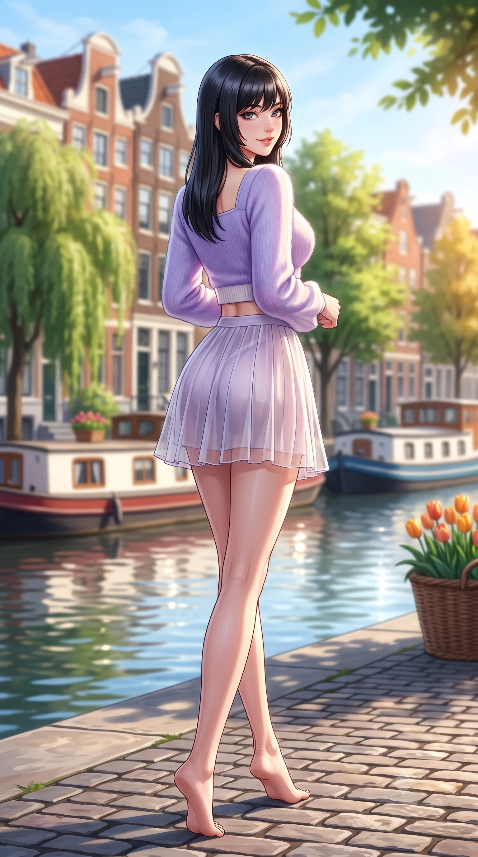 score_9, masterpiece, best quality, ultra-detailed, high-budget anime keyframe, semi-realistic 3D game render, editorial fashion photography, tasteful artistic composition, Caucasian woman. low angle full-body shot from head to toe showing her feet, filling the entire 9:16 vertical frame with her statuesque presence, stretching her vertical silhouette. posing with back turned slightly to the lens, glancing back with an enchanting, playful smile as she arches her lower back to emphasize her sculpted feminine hips and slender waist while walking along the tree-lined cobblestone quay, her chic real-way outfit hugging her narrow waist and curvy hips as houseboats glide by. The composition keeps background elements in soft focus with dreamy creamy bokeh. historic 17th-century gabled canal houses, weeping canal trees, and tulip flower baskets blurred into terracotta, emerald, and amber bokeh. She has an exceptionally tall and slender model-like 8.5-heads proportion, an ultra-slim waist, a flat toned midriff, narrow delicate ribcage, and beautifully sculpted feminine hips creating a graceful, slim hourglass silhouette without any bulky heaviness, with impossibly long slender legs. sharp v-shaped jawline, high-bridge nose, intricate jewel-like sparkling eyes with depth, thick eyelashes, glossy parted lips with a natural peach sheen, bright cheerful beaming smile with an enchanting and coquettish sensual glint, exuding both youthful cute charm and seductive allure, flawlessly proportioned anatomical accuracy, strict slender model proportions, natural body alignment, perfectly sculpted long slender limbs, ultra-slim waistline, clean dynamic posture without body distortion. wearing a soft angora crop knit sweater with a sheer pleated organza mini skirt over an opaque silk slip in delicate lavender violet and pearlescent white, crafted from soft cozy cashmere yarn with an airy drape, featuring elegant flutter sleeves and a graceful square neckline, the high-waisted tailoring accentuating her ultra-slim waistline and the enchanting curve of her feminine hips with alluring charm. bathed in crisp, sparkling morning sunlight reflecting off calm canal waters. highly saturated vibrant anime colors, detailed shading with soft gradients, rich glossy textures, high-contrast stereoscopic depth, volumetric dynamic lighting, master piece, 9:16 ratio
