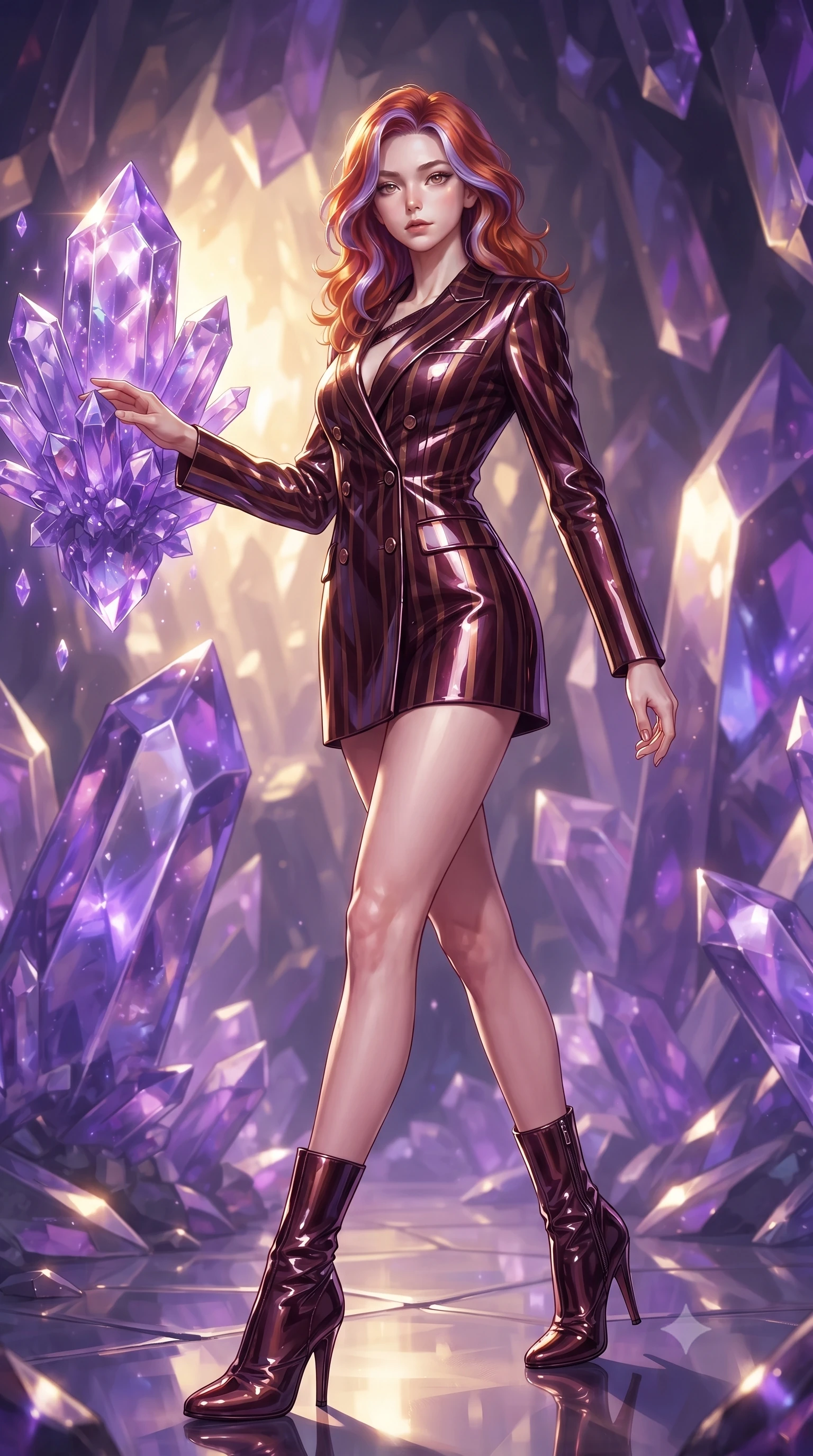score_9, masterpiece, best quality, ultra-detailed, high-budget anime keyframe, editorial fashion photography, tasteful artistic composition, Caucasian woman. low angle full-body shot from head to toe showing her feet, filling the entire 9:16 vertical frame with her statuesque presence, stretching her vertical silhouette. forging dynamically through the scene, her vertical silhouette beautifully stretched touching a giant floating violet crystal cluster emitting pulsing energy, sharp crystalline reflections creating an opulent, jewel-like ambience. She has an absolutely perfect, statuesque 8.5-heads proportion, an exceptionally tall and slender model-like female figure with impossibly long slender legs and an ultra-slim waist. sharp v-shaped jawline, high-bridge nose, intricate jewel-like eyes with depth, thick eyelashes, glossy lips with a natural sheen. wearing a double-breasted blazer dress with metallic pin-stripes in deep burgundy and bronze, tailored from high-gloss patent leather, accented with a Tasteful chest slit framing her clavicle gracefully, the glove-like fit emphasizing her statuesque silhouette. lit by warm golden sunlight colliding with cool violet crystal illumination. ultra-reflective glossy finish, specular highlights, metallic sheen, high-contrast stereoscopic depth, volumetric dynamic lighting, 2k, ultra detail, master piece, 9:16 ratio
