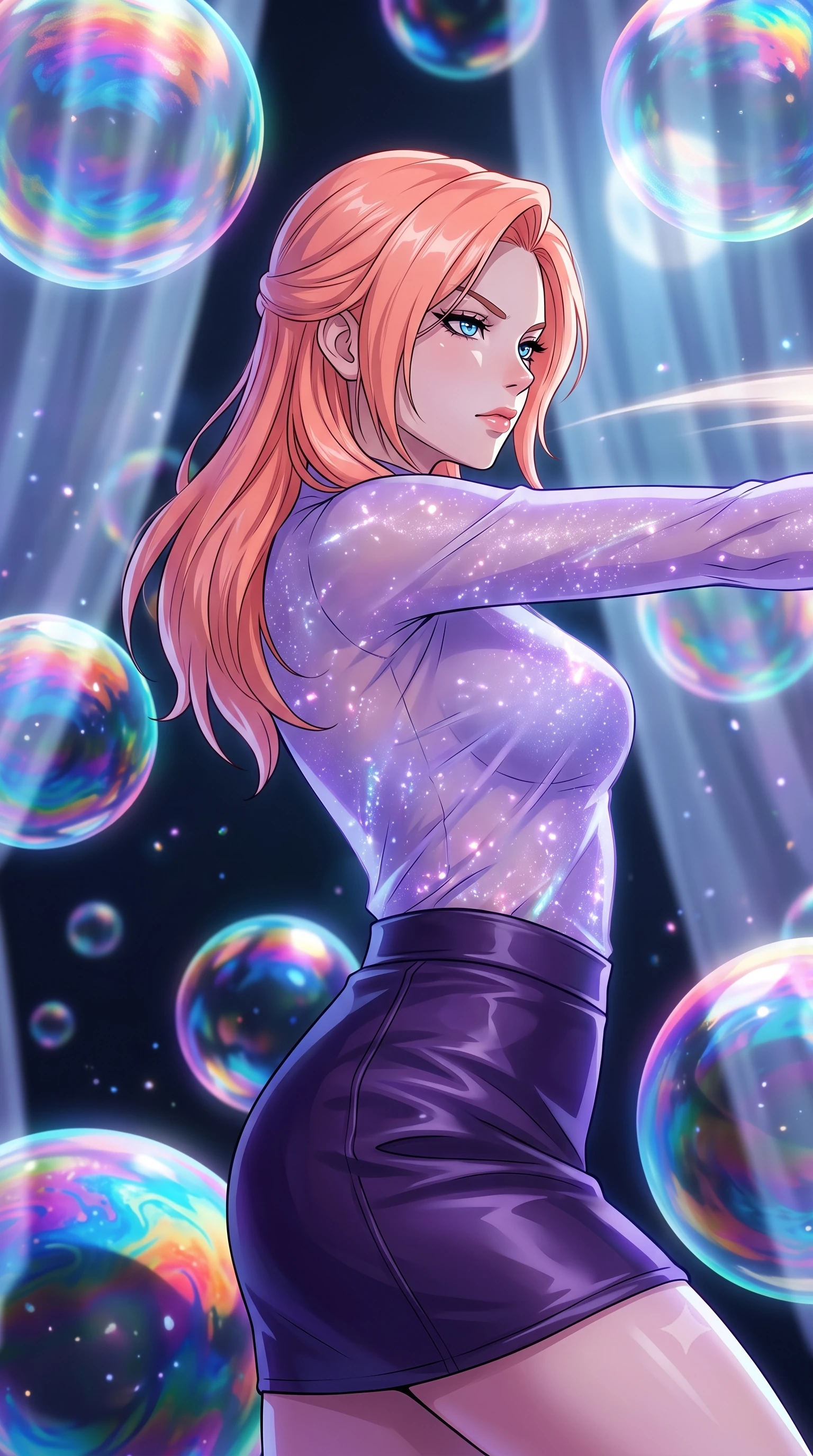 score_9, masterpiece, best quality, ultra-detailed, high-budget anime keyframe, clean line-art, cel-shading, Japanese woman. close-up cowboy shot from the waist and thighs up, the character dominates the composition, filling the frame with her large presence, background elements kept in soft focus. Leaning back to dodge a fast strike with fluid grace, casting a cold side-glare. set against a soft-focus background of a dark abyss filled with giant floating soap bubbles, each bubble mirroring a distorted rainbow sky on its surface. She has an exceptionally elegant and slender, willowy female figure with an ultra-slim waist, a gracefully sculpted slender torso, and a refined slim physique. sharp v-shaped jawline, high-bridge nose, intricate jewel-like eyes with depth, thick eyelashes, glossy lips with a natural sheen. wearing catching and diffusing the glowing particles, shimmering softly in response to the surrounding light, a body-hugging sheer long-sleeve top in lavender, paired with a high-waisted dark purple leather skirt. cold silver moonlight filtered through translucent gossamer curtains casting delicate shadows. highly saturated vibrant anime colors, intense vivid color palette, volumetric dynamic lighting, 2k, ultra detail, master piece, 9:16 ratio
