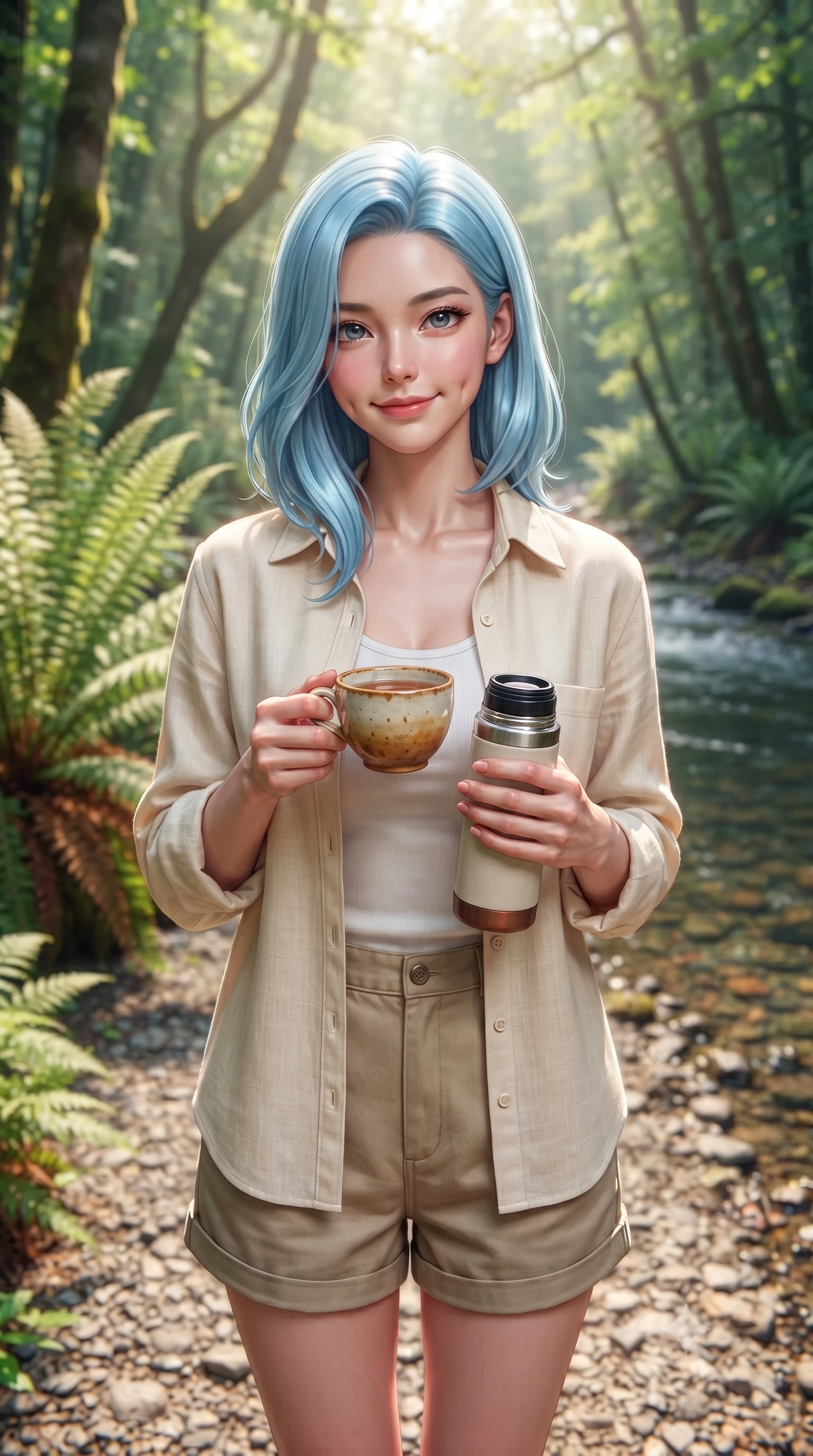 score_9, masterpiece, best quality, ultra-detailed, high-budget anime keyframe, editorial fashion photography, tasteful artistic composition, Korean woman. close-up cowboy shot from the waist and thighs up, the character dominates the composition, filling the frame with her large presence, background elements kept in soft focus. smiling with soft, cute dimples, holding a warm cup of tea with both hands set against a soft-focus background of on a gravel bank of a forest stream surrounded by tall ferns and trees holding a thermos mug of warm tea, smiling cozy at the camera. She has an exceptionally elegant, slender, and willowy female figure with an ultra-slim waist, a gracefully sculpted slender torso, and a refined silhouette. sharp v-shaped jawline, high-bridge nose, intricate jewel-like eyes with depth, thick eyelashes, glossy lips with a natural sheen. wearing tailored comfortable linen shirt in cream, worn over a tank top and cotton shorts. dappled sunbeams filtering through the dense green forest canopy. highly saturated vibrant anime colors, detailed shading with soft gradients, rich glossy textures, high-contrast stereoscopic depth, volumetric dynamic lighting, master piece, 9:16 ratio