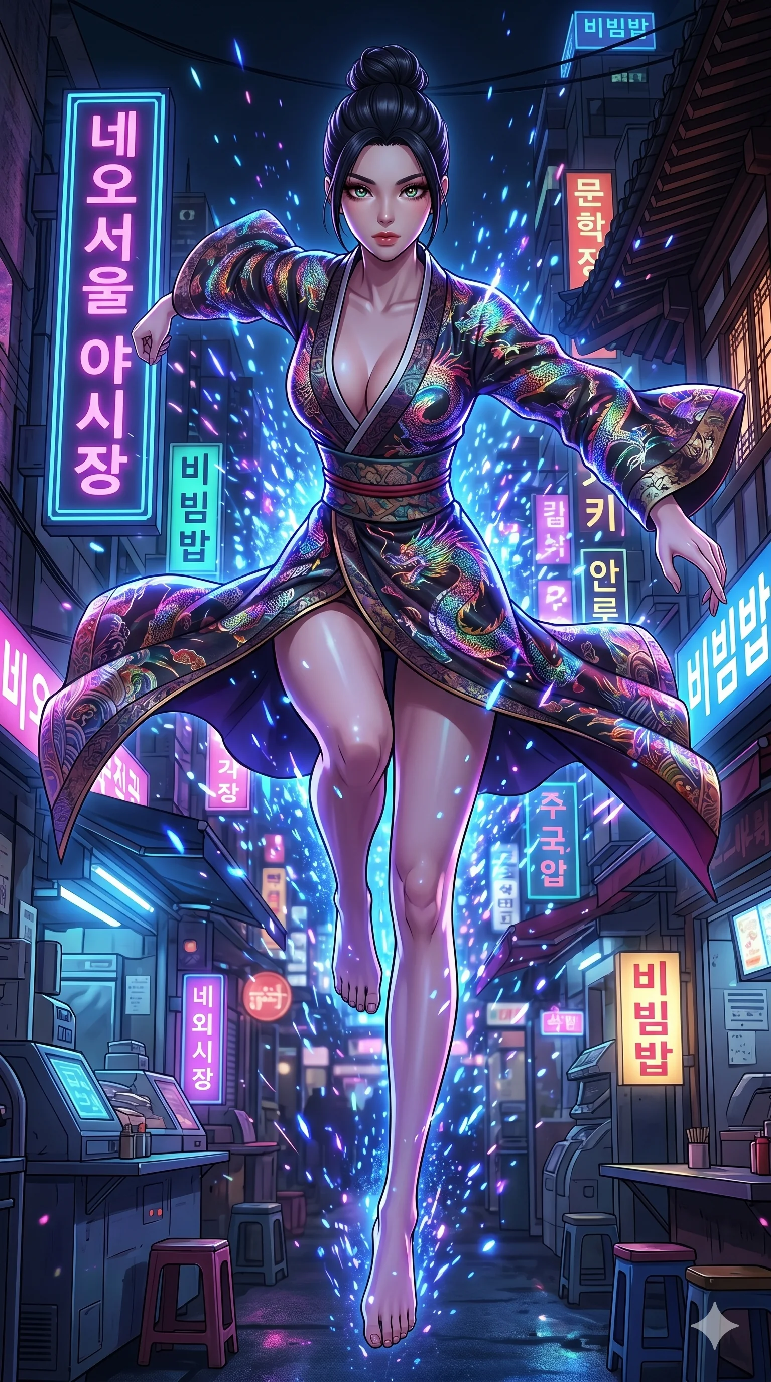 score_9, masterpiece, best quality, ultra-detailed, Set A: High-budget Anime Keyframe, Japanese woman. Low angle cowboy shot filling the entire 9:16 frame with her statuesque presence. Leaping through a neon-lit Neo-Seoul market, while her eyes glow with 200 different colors and surrounded by glowing energy sparks. She has an absolutely perfect 8-heads proportion, an exceptionally tall and slender female figure with impossibly long slender legs and an ultra-slim waist. Sharp v-shaped jawline, high-bridge nose, intricate jewel-like eyes with depth, thick eyelashes, glossy lips with a natural sheen. Wearing Traditional fusion robe with a deep V-cut and holographic dragon embroidery. Cinematic lighting, vibrant colors, dramatic shadows, 2k, ultra detail, master piece, 9:16 ratio