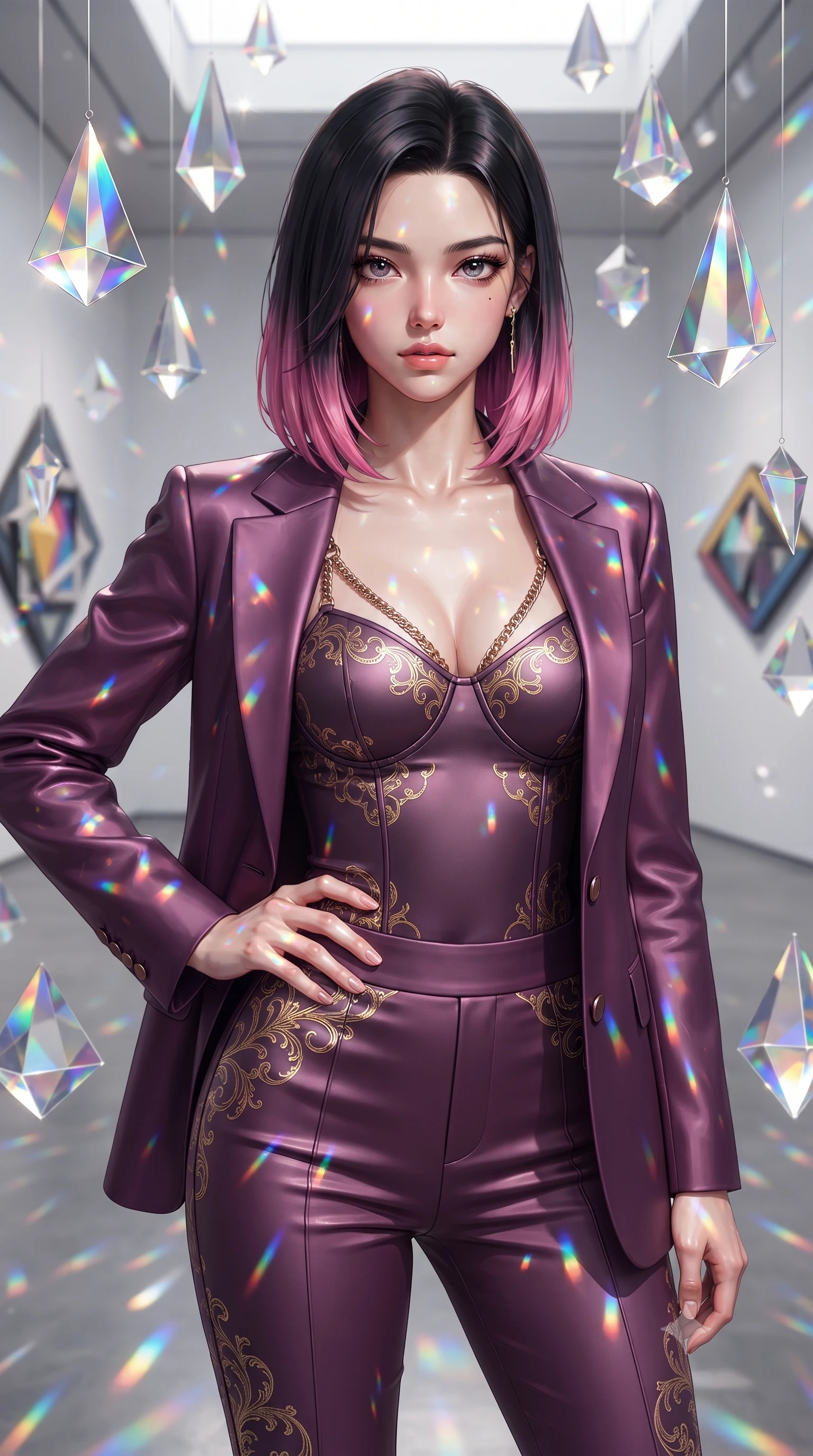 score_9, masterpiece, best quality, ultra-detailed, high-budget anime keyframe, editorial fashion photography, tasteful artistic composition, Korean woman. close-up cowboy shot from the waist and thighs up, the character dominates the composition, filling the frame with her large presence, background elements kept in soft focus. Holding a confident power pose with one hand on her hip, gazing directly into the camera with quiet intensity interacting with floating glass prisms that refract liquid light into rainbows, a kaleidoscope of refractions forming geometric light patterns on her skin. She has an exceptionally elegant, slender, and willowy female figure with an ultra-slim waist, a gracefully sculpted slender torso, and a refined silhouette. sharp v-shaped jawline, high-bridge nose, intricate jewel-like eyes with depth, thick eyelashes, glossy lips with a natural sheen. wearing a tailored silk blazer over a form-contouring top and fitted slacks in plum purple and gold filigree, formed from sleek second-skin neoprene, adorned with delicate metallic chain straps along the neckline, the elegant draped fit framing her graceful clavicle and slender torso. illuminated by brilliant multi-color rainbow light refracting through glass. ultra-reflective glossy finish, specular highlights, metallic sheen, high-contrast stereoscopic depth, volumetric dynamic lighting, 2k, ultra detail, master piece, 9:16 ratio