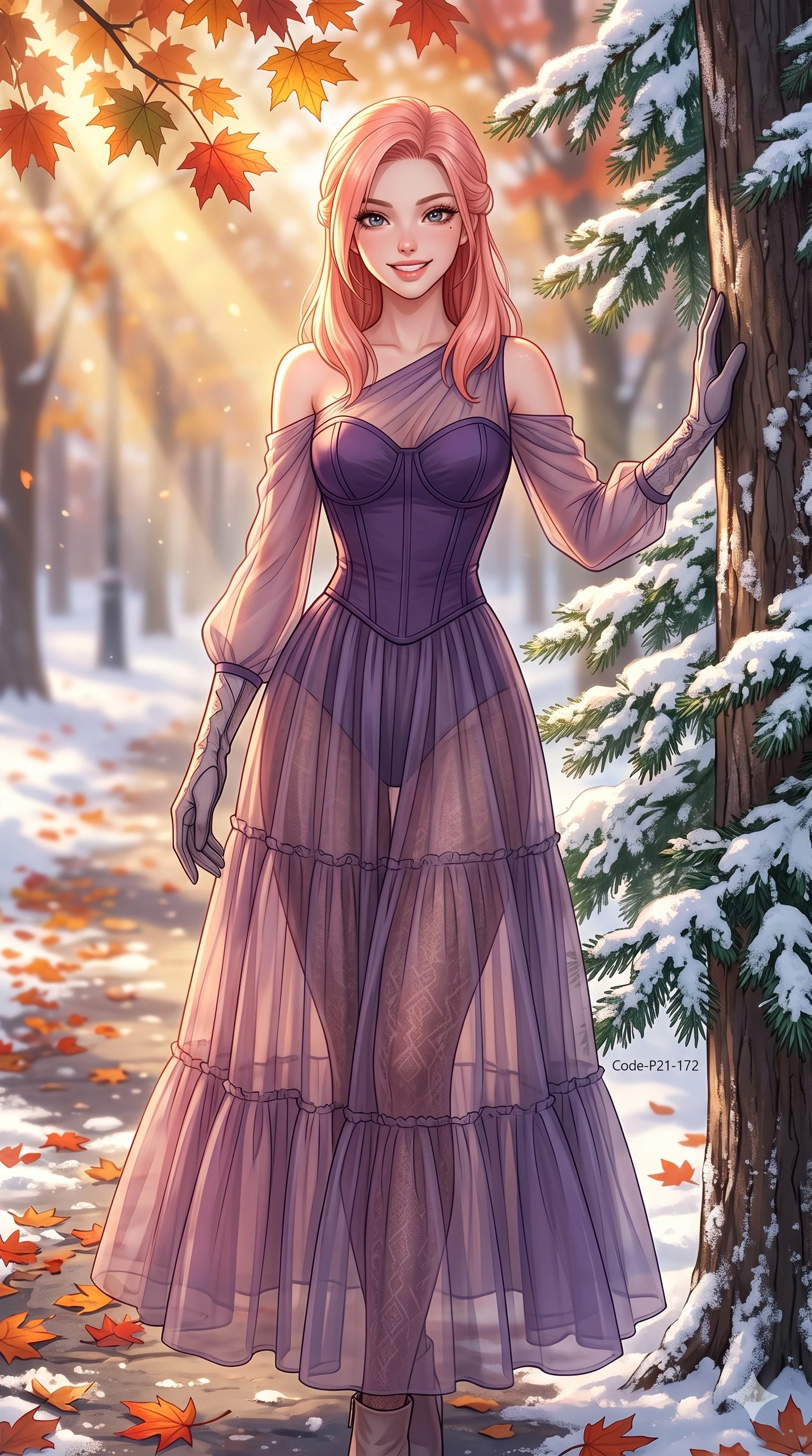 score_9, masterpiece, best quality, ultra-detailed, high-budget anime keyframe, vibrant anime aesthetic, Japanese woman. cowboy shot from the thighs up, character and outfit filling the frame for maximum presence. She is posing with a playful, lively winter grin, leaning one hand against a snow pine by an autumn park pathway under direct sunbeams (Code-P21-172). She has an absolutely perfect 8-heads proportion, an exceptionally tall and slender female figure with impossibly long slender legs and an ultra-slim waist. V-shaped jawline, high-bridge nose, intricate jewel-like eyes with depth, thick eyelashes, glossy lips with a natural sheen. wearing a sheer chiffon dress with a purple corset bodice in winter. She is drenched in soft sunbeams filtering through autumn leaves, casting a warm golden glow. 2k, ultra detail, master piece, 9:16 ratio