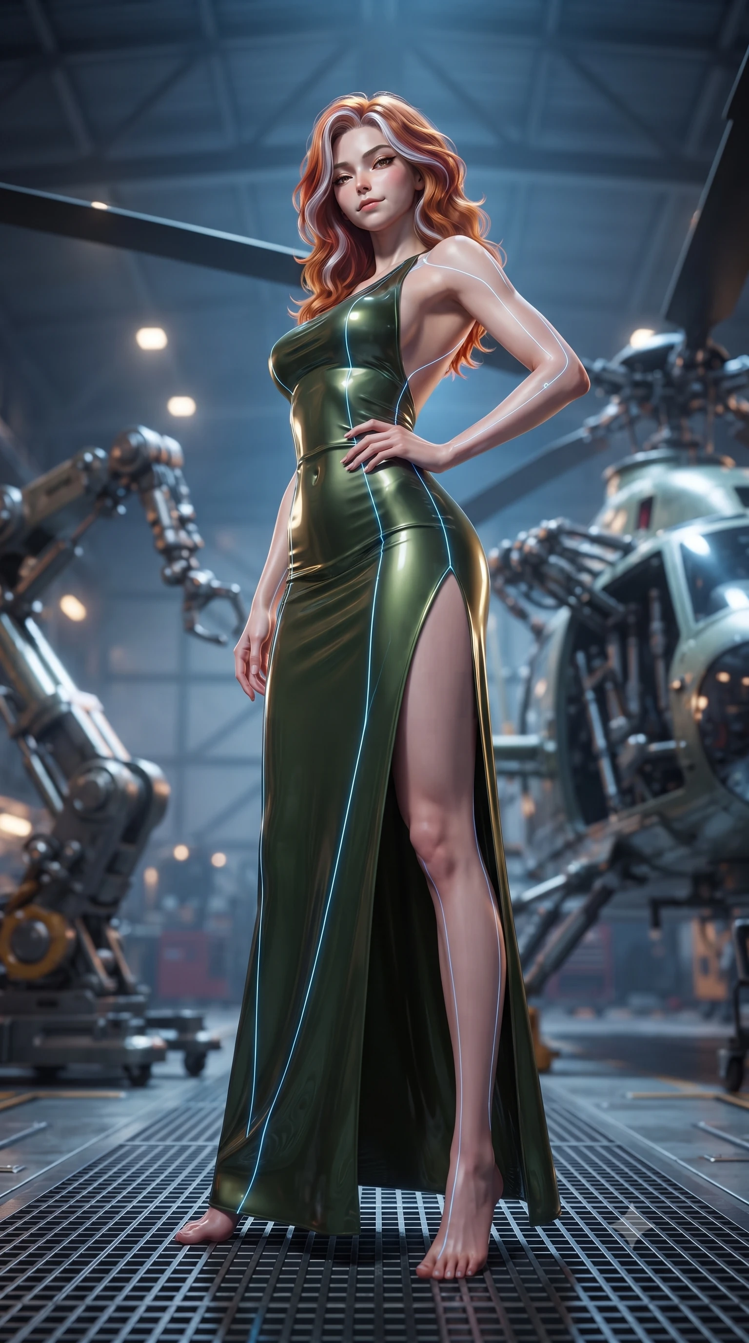 score_9, masterpiece, best quality, ultra-detailed, high-budget anime keyframe, editorial fashion photography, tasteful artistic composition, Caucasian woman. low angle full-body shot from head to toe showing her feet, filling the entire 9:16 vertical frame with her statuesque presence, stretching her vertical silhouette. posing confidently with one hand on her hip, stretching her statuesque body to emphasize her curves the background shows a soft-focus an automated repair bay with mechanical arms and helicopter parts in a hangar. She has an absolutely perfect, statuesque 8.5-heads proportion, an exceptionally tall and slender model-like female figure with impossibly long slender legs and an ultra-slim waist. sharp v-shaped jawline, high-bridge nose, intricate jewel-like eyes with depth, thick eyelashes, glossy lips with a natural sheen. wearing a body-hugging dramatic open-back maxi dress in olive green, featuring a high thigh slit. glowing blue laser lines tracing her form with precision. ultra-reflective glossy finish, specular highlights, metallic sheen, high-contrast stereoscopic depth, volumetric dynamic lighting, 2k, ultra detail, master piece, 9:16 ratio