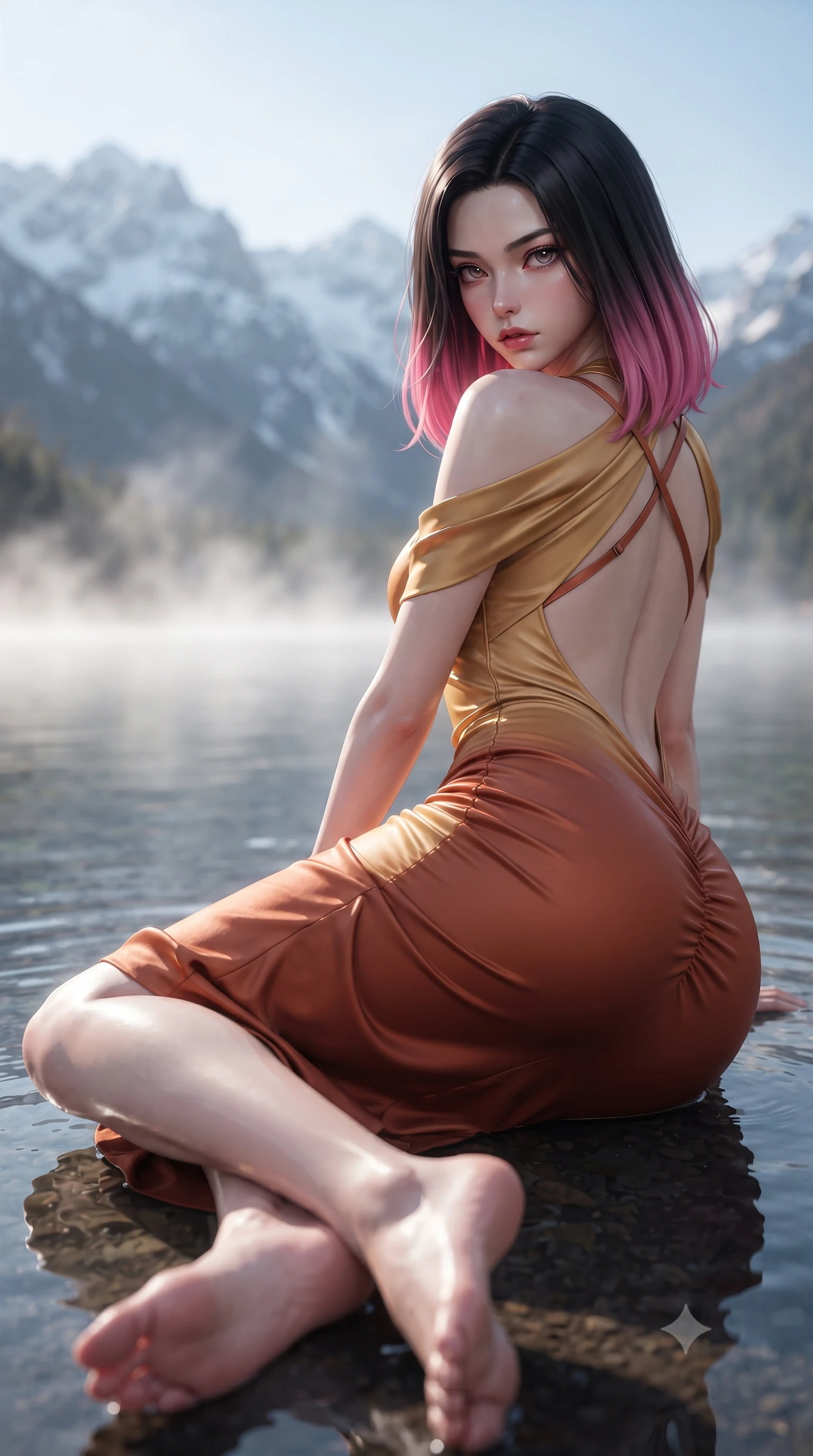 score_9, masterpiece, best quality, ultra-detailed, high-budget anime keyframe, editorial fashion photography, tasteful artistic composition, Korean woman. low angle full-body shot from head to toe showing her feet, filling the entire 9:16 vertical frame with her statuesque presence, stretching her vertical silhouette. reclining on her side in an elegant Cleopatra pose with one knee drawn up, the dramatic contour of her rounded hips and long slender legs commanding the 9:16 vertical frame while twisting her slender torso in an alluring S-curve as morning mist drifts across the glass-still multi-colored lake surface. The composition keeps background elements in soft focus with creamy bokeh. rising morning mist ribbons and snow-dusted Tibetan peaks softened in mystical shallow focus. She has an exceptionally tall and slender model-like 8.5-heads proportion, an ultra-slim waist, a flat toned midriff, narrow delicate ribcage, and beautifully sculpted feminine hips creating a graceful, slim hourglass silhouette without any bulky heaviness, with impossibly long slender legs. sharp v-shaped jawline, high-bridge nose, intricate jewel-like eyes with depth, thick eyelashes, glossy parted lips with a natural sheen, intensely captivating and seductive bedroom-eyes expression, flawlessly proportioned anatomical accuracy, strict slender model proportions, natural body alignment, perfectly sculpted long slender limbs, ultra-slim waistline, clean dynamic posture without body distortion. wearing a form-contouring cocktail dress with an asymmetrical open shoulder and hip-defining ruching in molten desert gold and burnt terracotta, made of fluid silk crepe with delicate inner corsetry boning, finished with criss-cross back satin straps highlighting her graceful shoulder blades, the dramatically scooped open back descending to the base of her spine, accentuating her razor-sharp statuesque lines and slim hourglass silhouette. bathed in pristine early morning alpine sunlight cutting through rising lake mist. ultra-reflective glossy finish, specular highlights, rich textural contrasts, high-contrast stereoscopic depth, volumetric dynamic lighting, 2k, ultra detail, master piece, 9:16 ratio