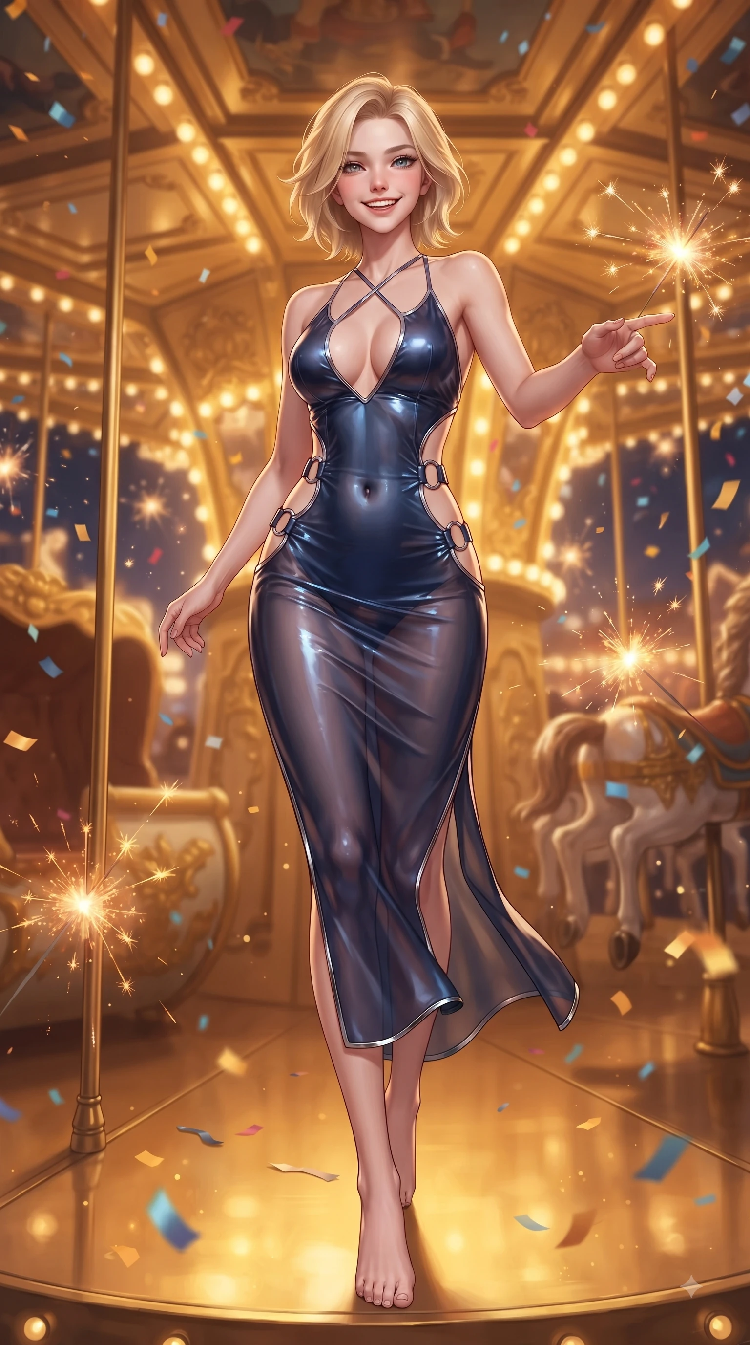 score_9, masterpiece, best quality, ultra-detailed, high-budget anime keyframe, editorial fashion photography, tasteful artistic composition, Caucasian woman. low angle full-body shot from head to toe showing her feet, filling the entire 9:16 vertical frame with her statuesque presence, stretching her vertical silhouette. stepping forward in a proud dynamic stride with a cheerful beaming smile, her vertical silhouette filling the frame while reaching one arm out playfully toward the camera while spinning on a golden carousel deck, floating sparklers and carnival confetti adding festive, happy energy to the air. She has an absolutely perfect, statuesque 8.5-heads proportion, an exceptionally tall and slender model-like female figure with impossibly long slender legs and an ultra-slim waist. sharp v-shaped jawline, high-bridge nose, intricate jewel-like eyes with depth, thick eyelashes, glossy lips with a natural sheen, flawlessly proportioned anatomical accuracy, natural body alignment, perfectly sculpted elegant limbs, clean dynamic posture without body distortion. wearing a deep-scoop halter bodycon dress with hip cutouts connected by silver rings in midnight navy blue and chrome trim, woven from fine semi-opaque sheer organza, complemented by criss-cross back straps highlighting her bare shoulders, the form-contouring material highlighting her ultra-slim waist and long lines. bathed in glorious golden hour sunbeams and warm amber carousel lamp radiance. ultra-reflective glossy finish, specular highlights, metallic sheen, high-contrast stereoscopic depth, volumetric dynamic lighting, 2k, ultra detail, master piece, 9:16 ratio