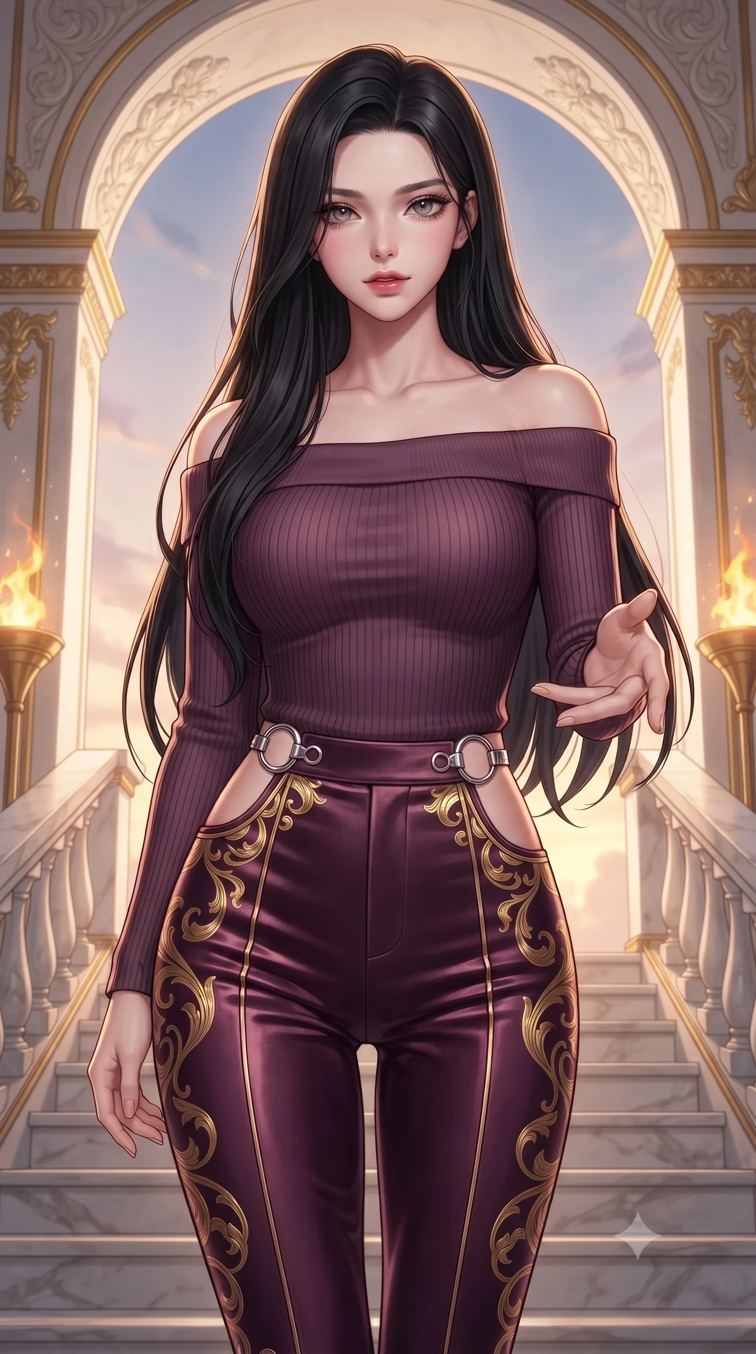 score_9, masterpiece, best quality, ultra-detailed, high-budget anime keyframe, editorial fashion photography, tasteful artistic composition, Korean woman. close-up cowboy shot from the waist and thighs up, the character dominates the composition, filling the frame with her large presence, background elements kept in soft focus. Reaching one hand gracefully toward the viewer with effortless superiority and allure descending a grand marble staircase flanked by golden torch flames at dusk, opulent gold-leaf trim and carved ivory archways framed beautifully. She has an exceptionally elegant, slender, and willowy female figure with an ultra-slim waist, a gracefully sculpted slender torso, and a refined silhouette. sharp v-shaped jawline, high-bridge nose, intricate jewel-like eyes with depth, thick eyelashes, glossy lips with a natural sheen. wearing a sleek off-shoulder ribbed knit top paired with high-waist tailored pants in plum purple and gold filigree, made of premium stretch velvet with a rich sheen, accented with delicate chrome ring hardware framing her waist, the tailored fabric tightly following every curve of her athletic build. illuminated by soft glowing sunset radiance with dramatic golden rim highlights. highly saturated vibrant anime colors, detailed shading with soft gradients, rich glossy textures, high-contrast stereoscopic depth, volumetric dynamic lighting, master piece, 9:16 ratio