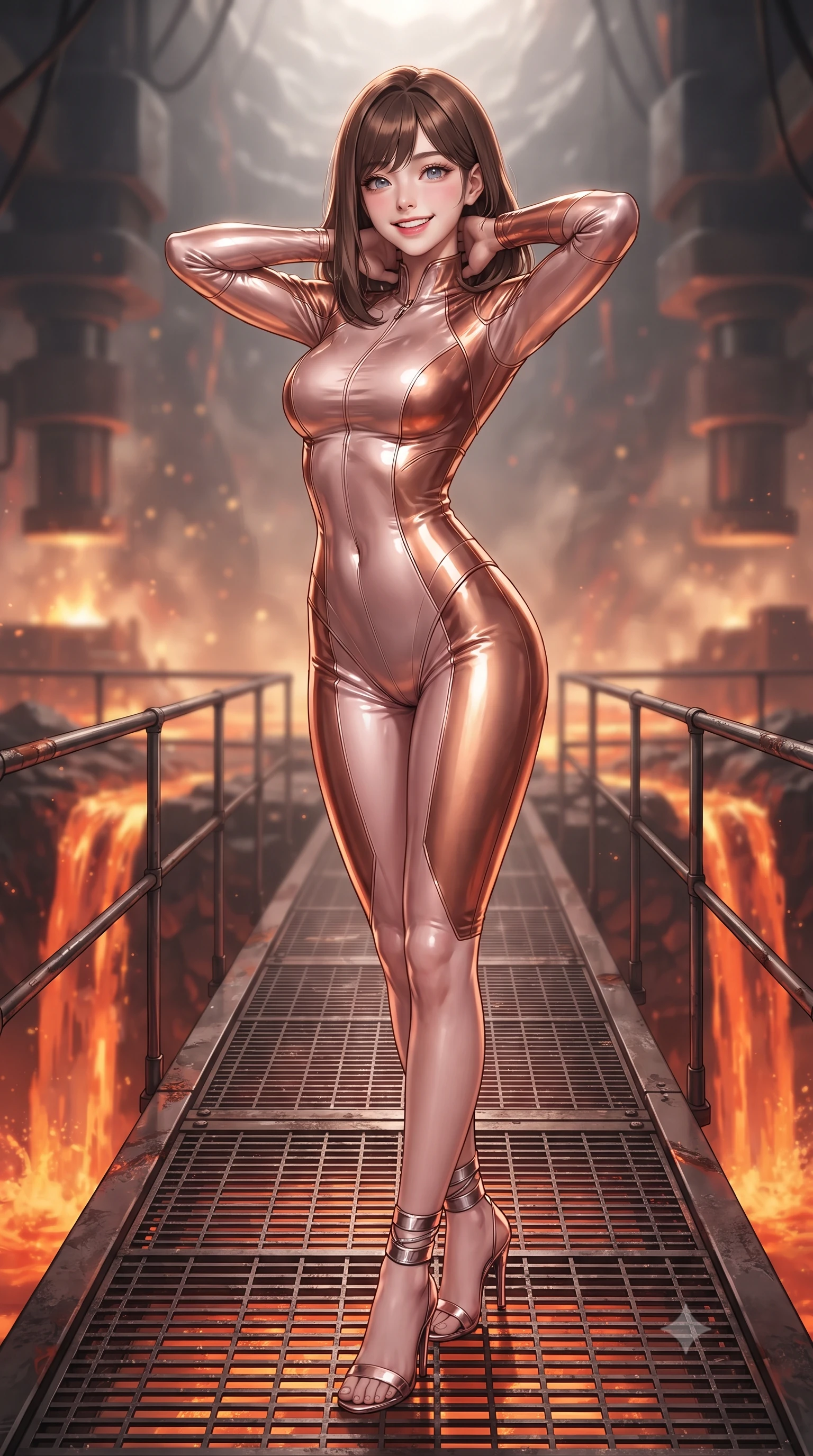 score_9, masterpiece, best quality, ultra-detailed, high-budget anime keyframe, editorial fashion photography, tasteful artistic composition, Korean woman. close-up cowboy shot from the waist and thighs up, the character dominates the composition, filling the frame with her large presence. resting both hands lightly behind her neck with elbows raised, arching her spine to highlight her narrow waist, flat midriff, and breathtaking collarbones while standing poised on the heavy grated catwalk above cascading molten slag waterfalls inside the active volcanic caldera, arching her lower back with sovereign combat poise as automated hydraulic presses slam into white-hot titanium. The background shows a soft-focus shimmering thermal heat haze softened in subterranean volcanic forge shallow focus. She has an exceptionally elegant, slender, and willowy female figure with an ultra-slim waist, flat toned midriff, narrow ribcage, and sculpted feminine hips creating an alluring, slim hourglass silhouette without bulk. sharp v-shaped jawline, high-bridge nose, intricate jewel-like sparkling eyes with depth, thick eyelashes, glossy parted lips with a natural peach sheen, bright cheerful beaming smile with an enchanting and coquettish sensual glint, exuding both youthful cute charm and seductive allure, flawlessly proportioned anatomical accuracy, strict slender model proportions, natural body alignment, perfectly sculpted long slender limbs, ultra-slim waistline, clean dynamic posture without body distortion. wearing a sleek second-skin cyber-pilot bodysuit with high-gloss patent leather panels accentuating her ultra-slim waistline in high-gloss rose-gold and burnished copper, tailored from high-gloss patent leather with mirror-like specular highlights, complemented by strappy stiletto sandals with metallic ankle wraps accentuating her slender calves, the second-skin tailored fabric adhering flawlessly to her sculpted flat midriff and slender torso, emphasizing her long leg lines and perfectly proportioned willowy build. illuminated by molten slag reflection bounce and sharp copper-gold rim lights sculpting her razor-sharp jawline, narrow waist, and curvy hips. ultra-reflective glossy finish, specular highlights, rich textural contrasts, high-contrast stereoscopic depth, volumetric dynamic lighting, 2k, ultra detail, master piece, 9:16 ratio