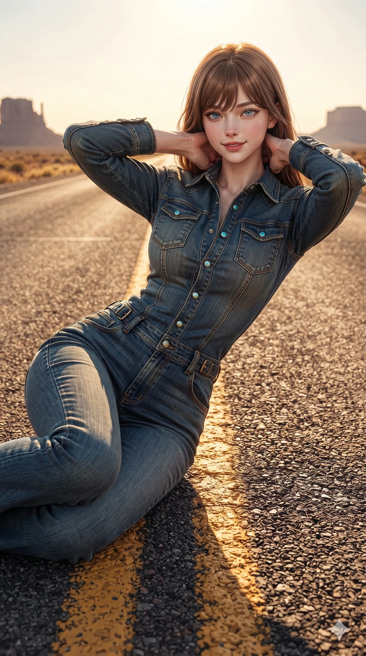 score_9, masterpiece, best quality, ultra-detailed, high-budget anime keyframe, editorial fashion photography, tasteful artistic composition, Korean woman. close-up cowboy shot from the waist and thighs up, the character dominates the composition, filling the frame with her large presence. resting both hands lightly behind her neck with elbows raised, arching her spine to highlight her narrow waist, flat midriff, and breathtaking collarbones while lounging across the warm asphalt with one knee drawn up and hands behind her head, her sculpted silhouette and flat midriff commanding the vertical frame. The surrounding environment is rendered in vivid detail and crisp panoramic clarity: sharp painted yellow asphalt center lines, coarse aggregate road surface texture, and crisp distant butte silhouettes in deep focus. She has an exceptionally elegant, slender, and willowy female figure with an ultra-slim waist, flat toned midriff, narrow ribcage, and sculpted feminine hips creating an alluring, slim hourglass silhouette without bulk. sharp v-shaped jawline, high-bridge nose, sparkling eyes with hypnotic seductive depth, thick curled eyelashes, glossy parted lips with a natural dewy peach sheen, alluring bedroom-eyes with an enchanting coquettish smile, exuding magnetic siren charisma and sophisticated glamour, flawlessly proportioned anatomical accuracy, strict slender model proportions, natural body alignment, perfectly sculpted long slender limbs, ultra-slim waistline, clean dynamic posture without body distortion. wearing a bespoke tailored denim jumpsuit with structured collar and polished western pearl snap buttons in turquoise patina and burnished vintage brass, crafted from rugged heavy-duty canvas and oiled leather with authentic desert durability, finished with sleek heavy-duty brass zip pulls and buckled moto straps, the impeccably tailored cut draping gracefully along her slender figure with aristocratic western poise. bathed in the breathtaking, warm 2700K golden afternoon sunlight stretching long dramatic shadows across the blacktop. ultra-reflective glossy finish, specular highlights, rich textural contrasts, high-contrast stereoscopic depth, volumetric dynamic lighting, 2k, ultra detail, master piece, 9:16 ratio